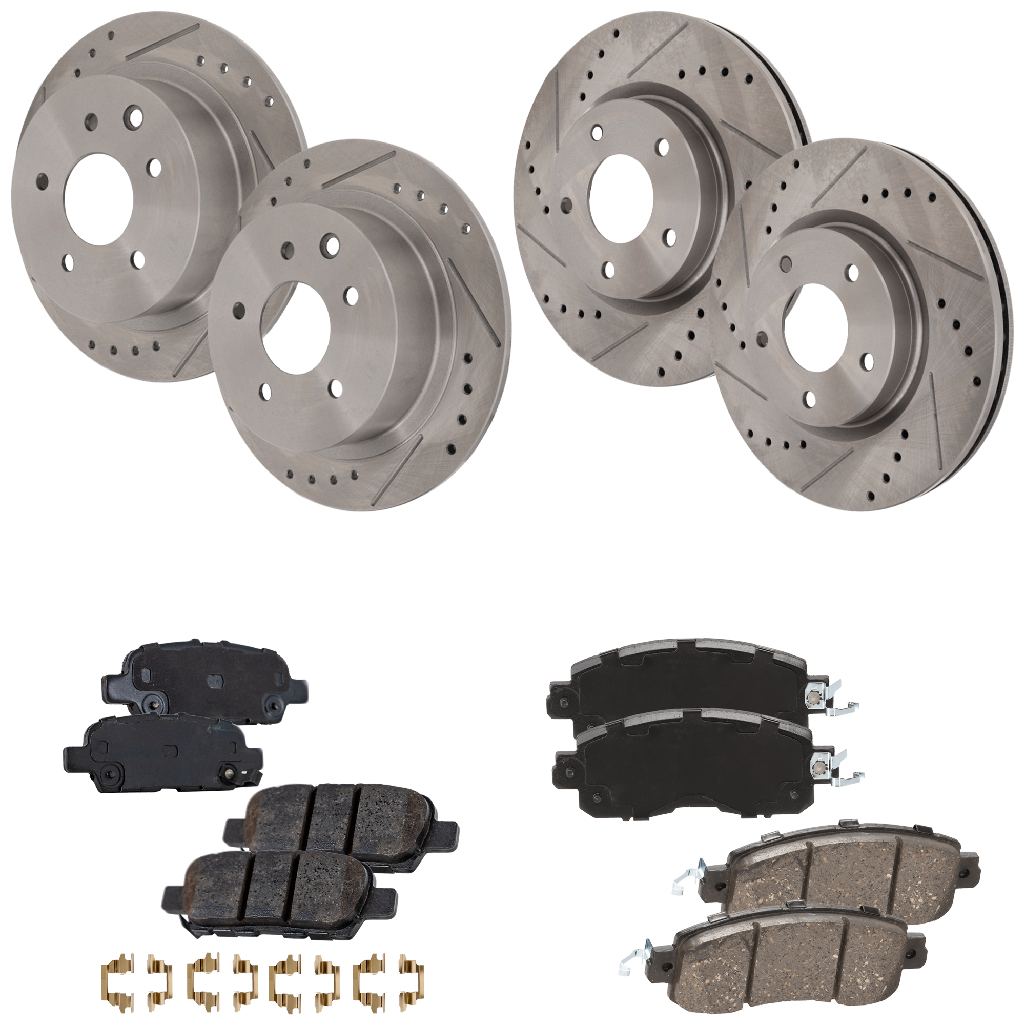 AM ALTIMA 13-21 FRONT AND REAR BRAKE DISC AND PAD KIT 4 Wheel Set Cross drilled and Slotted SKU KIT 052423-153 OEM 19987-31312-145398-476840-0832