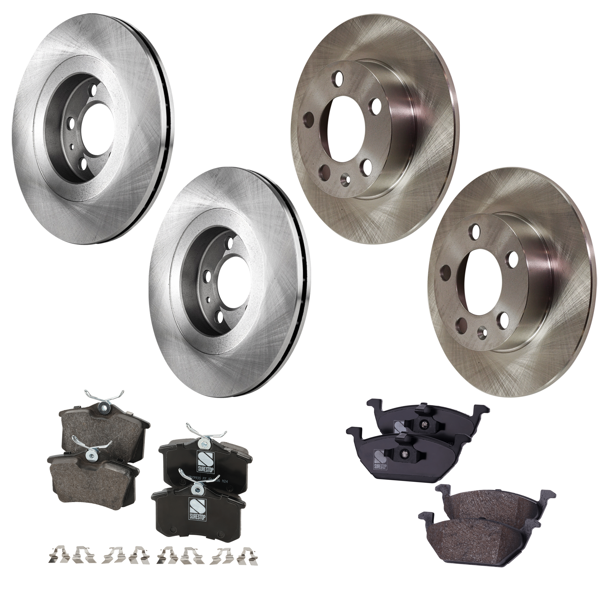 AM GOLF 99-06 JETTA 99-99 FRONT AND REAR BRAKE DISC AND PAD KIT 4 Wheel Set Plain Surface SKU KIT 052423-155 OEM 1J0615301P 1J0615601-1J0698151