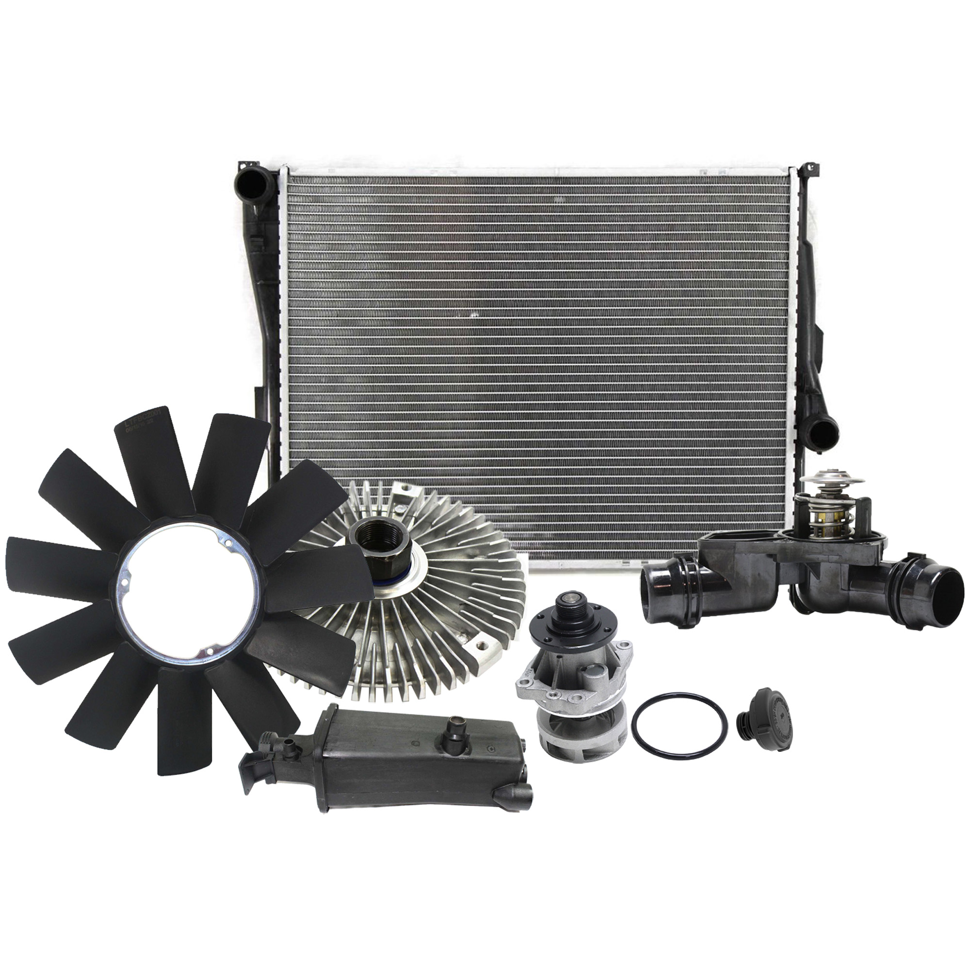 AM 3 SERIES 99-06 RADIATOR 7 pc kit E46 Body Auto Trans with Coolant Reservoir Fan Blade Fan Clutch Radiator Cap Thermostat and Water Pump SKU KIT 052423-158 Partslink BM3010107 BM3014102 BM3112100 OEM 17119071519-17117573781-1152