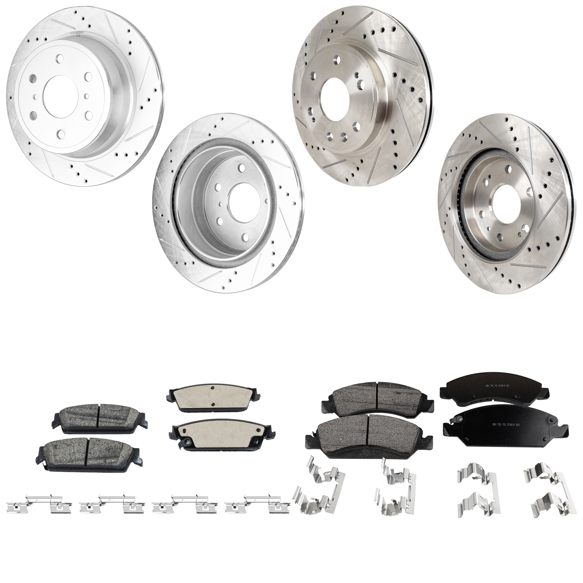 AM SIERRA SILVERADO 1500-07-13 TAHOE YUKON 08-14 FRONT AND REAR BRAKE DISC AND PAD KIT 8 pc Kit Cross drilled and Slotted 6 Lugs SKU KIT 052423-21 OEM 90048053-580422FZN 581032FZN 4
