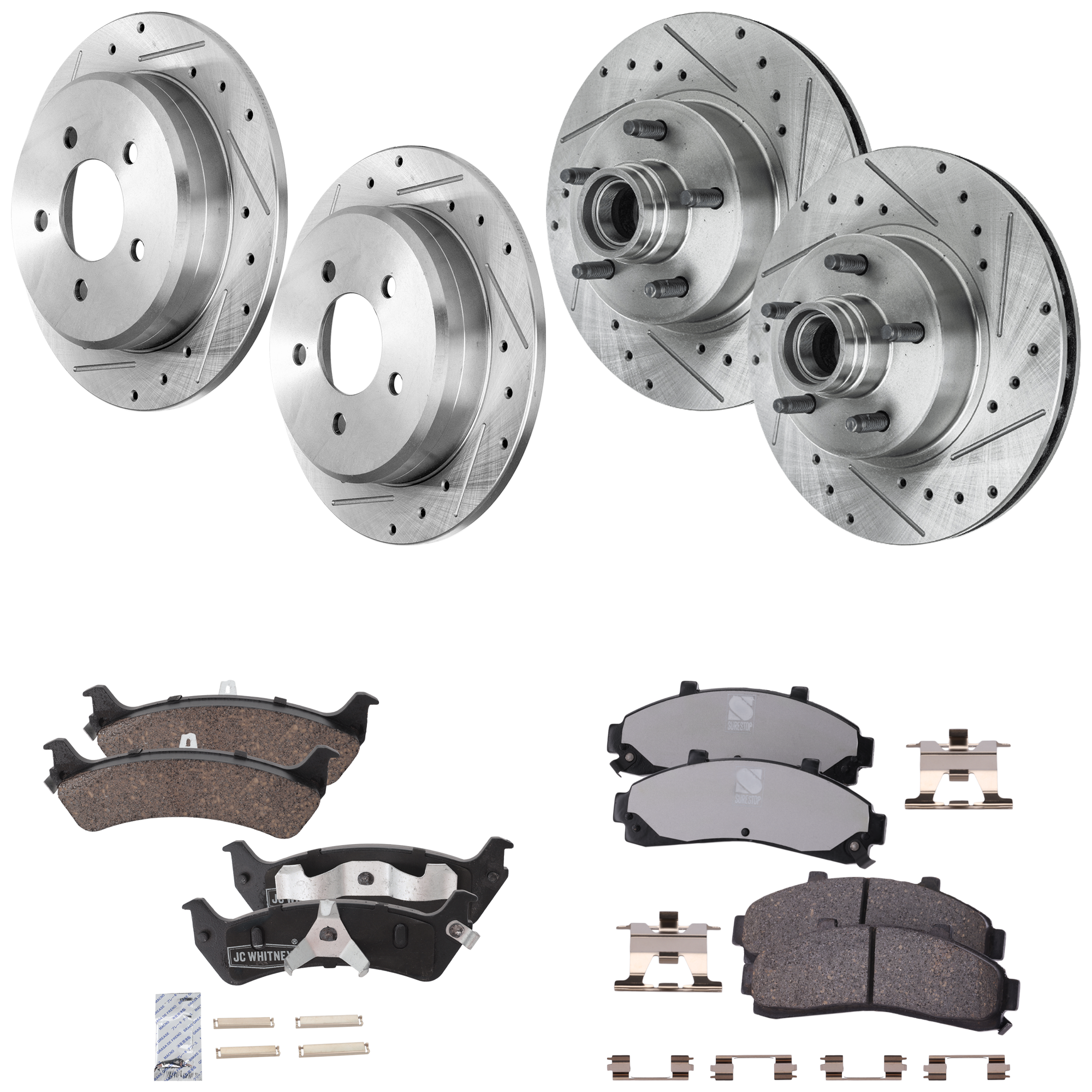 AM EXPLORER 95-01 MOUNTAINEER 97-01 FRONT AND REAR BRAKE DISC AND PAD KIT 4 Wheel Set Cross drilled and Slotted 5 Lugs SKU KIT 052423-23 OEM 19360-19852-27075-42273-54029