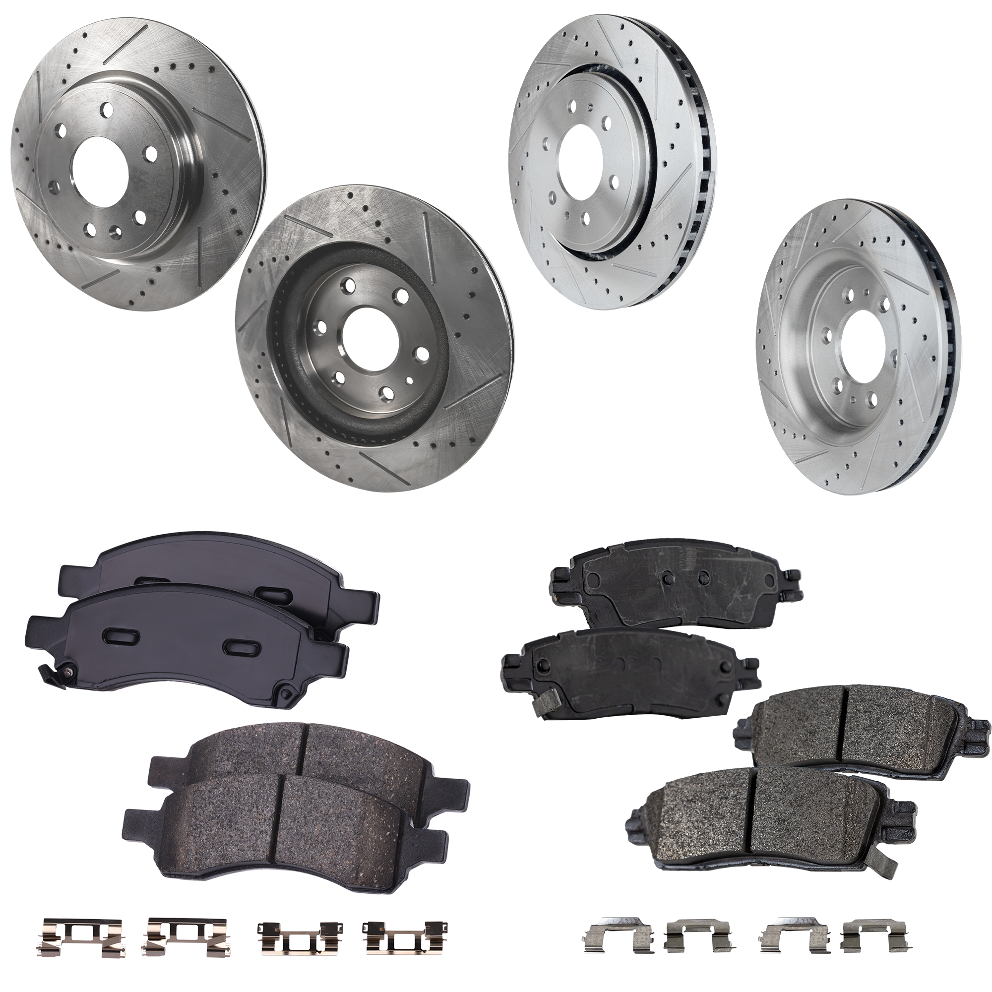 AM OUTLOOK 10-10 ACADIA ENCLAVE TRAVERSE 11-11 FRONT AND REAR BRAKE DISC AND PAD KIT 4 Wheel Set Cross drilled and Slotted SKU KIT 052423-27 OEM 41-233-551-516-043-800-000-000-000