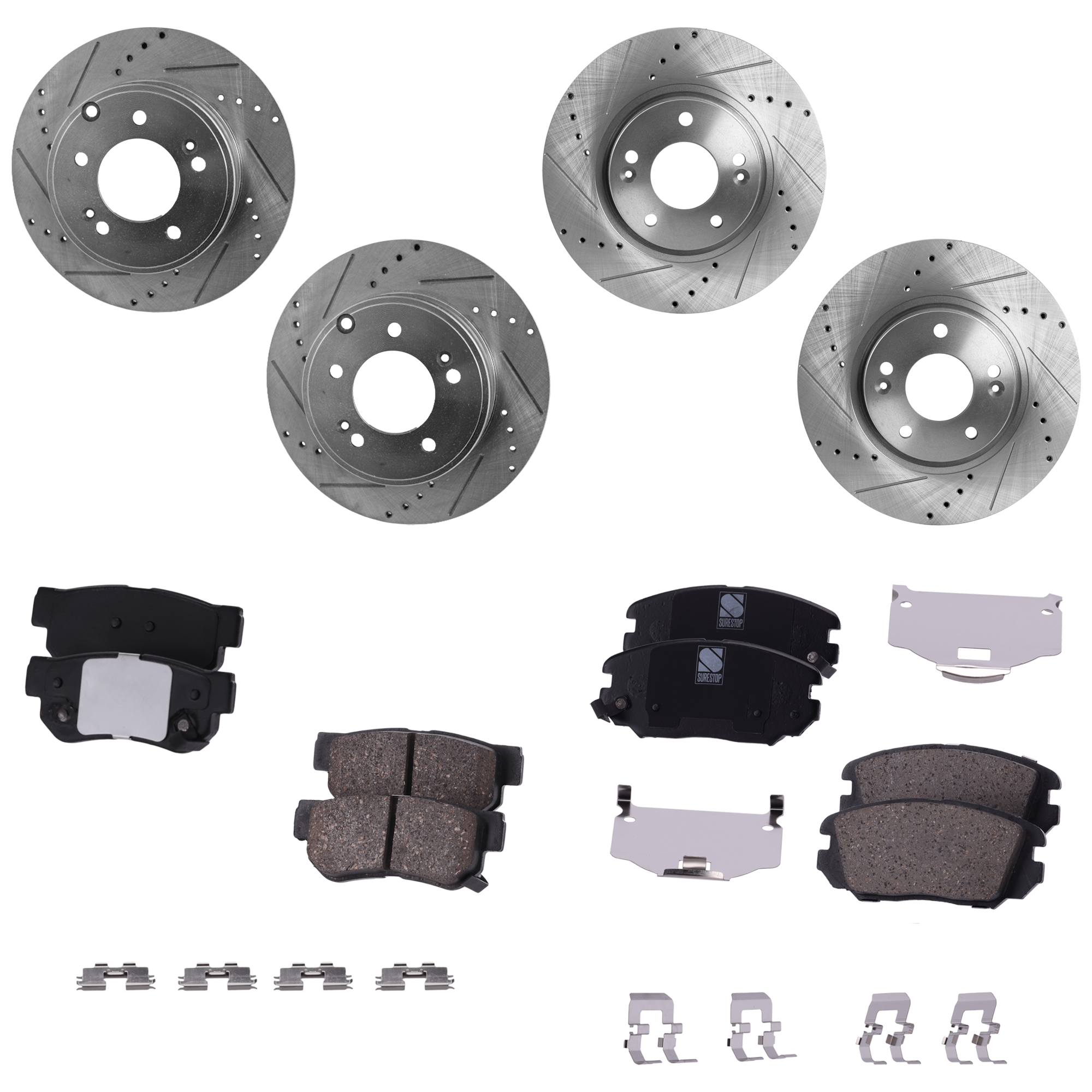 AM SONATA 06-08 FRONT AND REAR BRAKE DISC AND PAD KIT Cross drilled and Slotted Ceramic 5 Lugs 8 pc Kit SKU KIT 052423-29 OEM 31424-31586-44625-0833180-9804