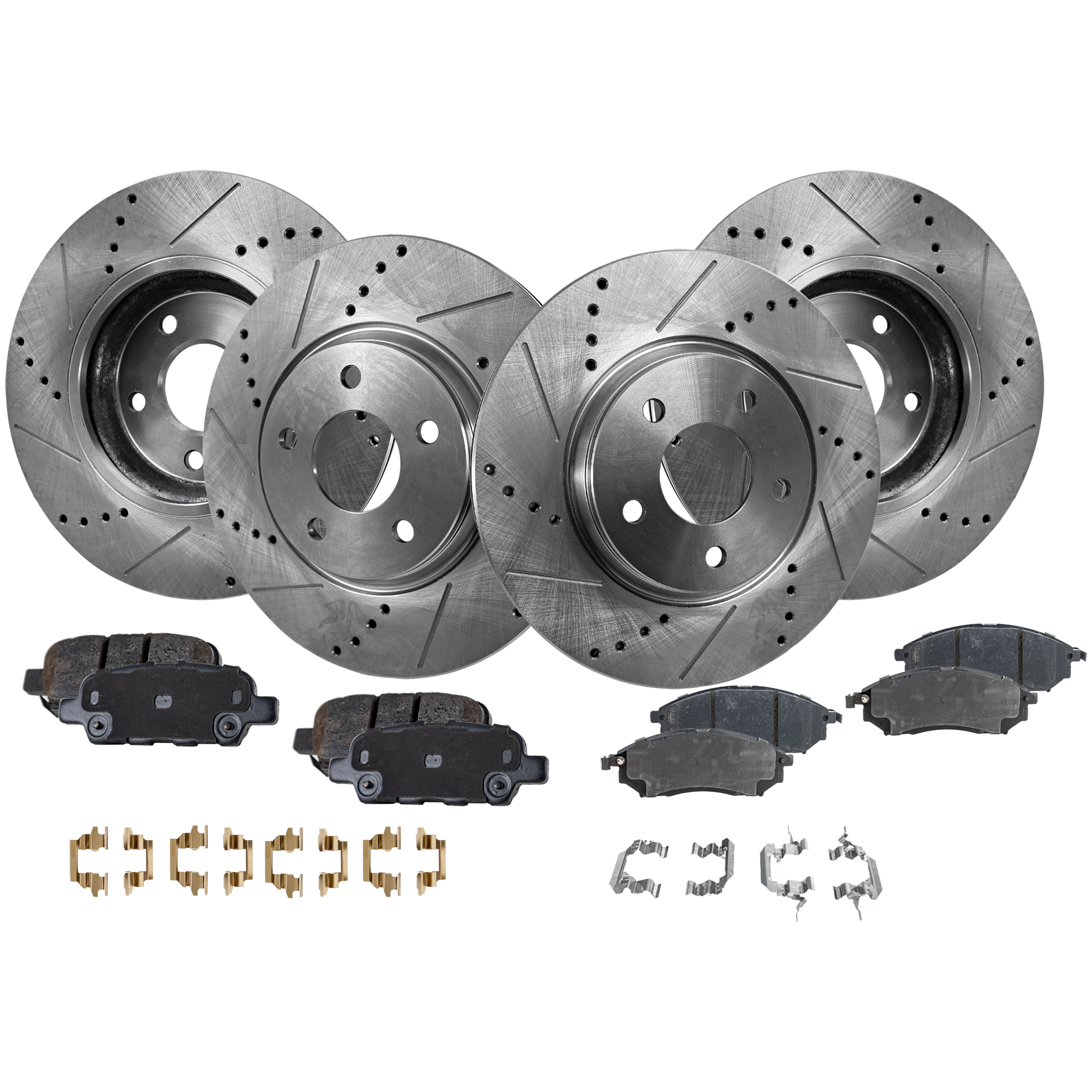 AM MURANO 11-14 Q70-14-19 Q70L 15-19 FRONT AND REAR BRAKE DISC AND PAD KIT 4 Wheel Set Cross drilled and Slotted SKU KIT 052423-32 OEM 31348-145537-0832970-980155