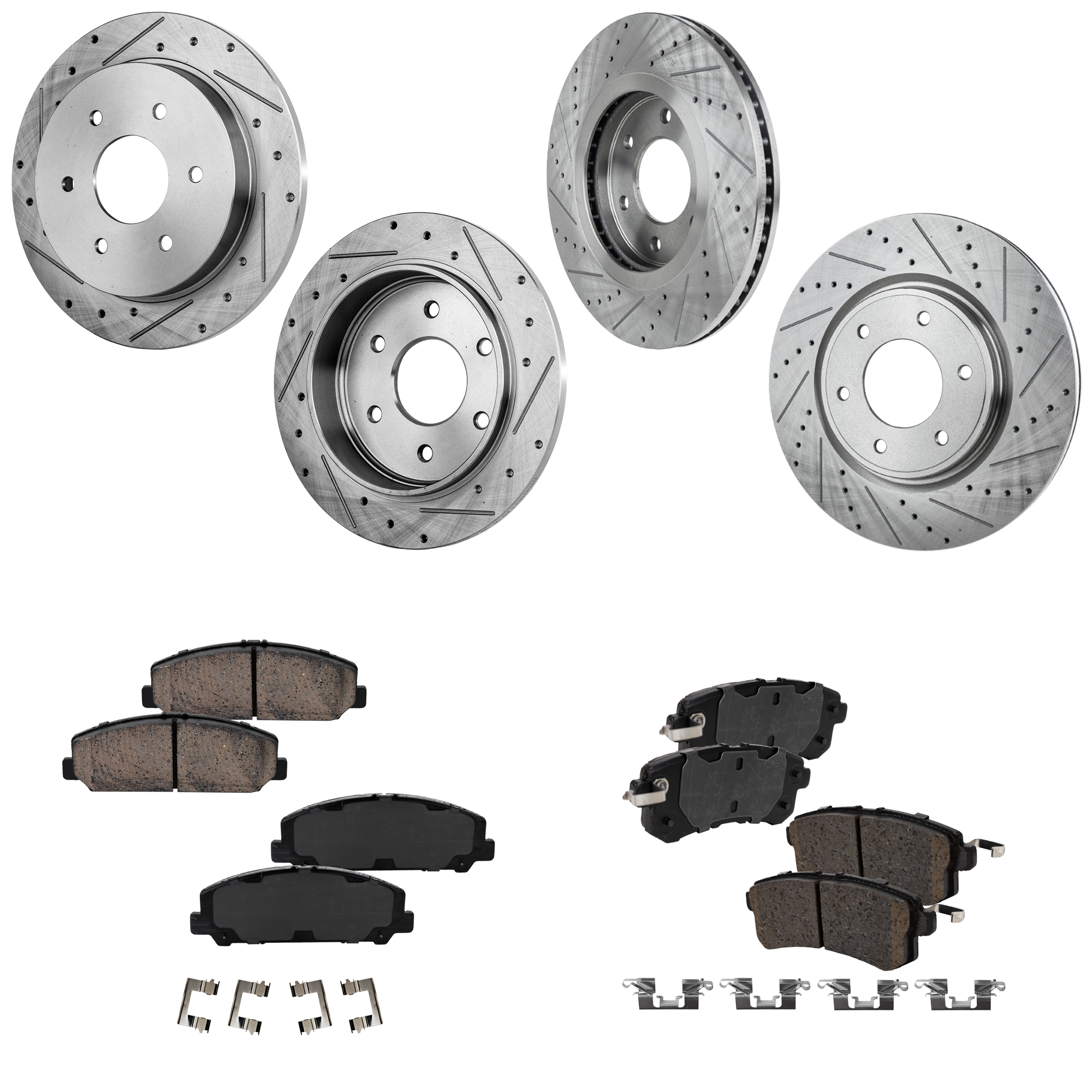 AM ARMADA 17-19 FRONT AND REAR BRAKE DISC AND PAD KIT 4 Wheel Set Cross drilled and Slotted 6 Lugs SKU KIT 052423-33 OEM 31506-44617-0833325-850024-900