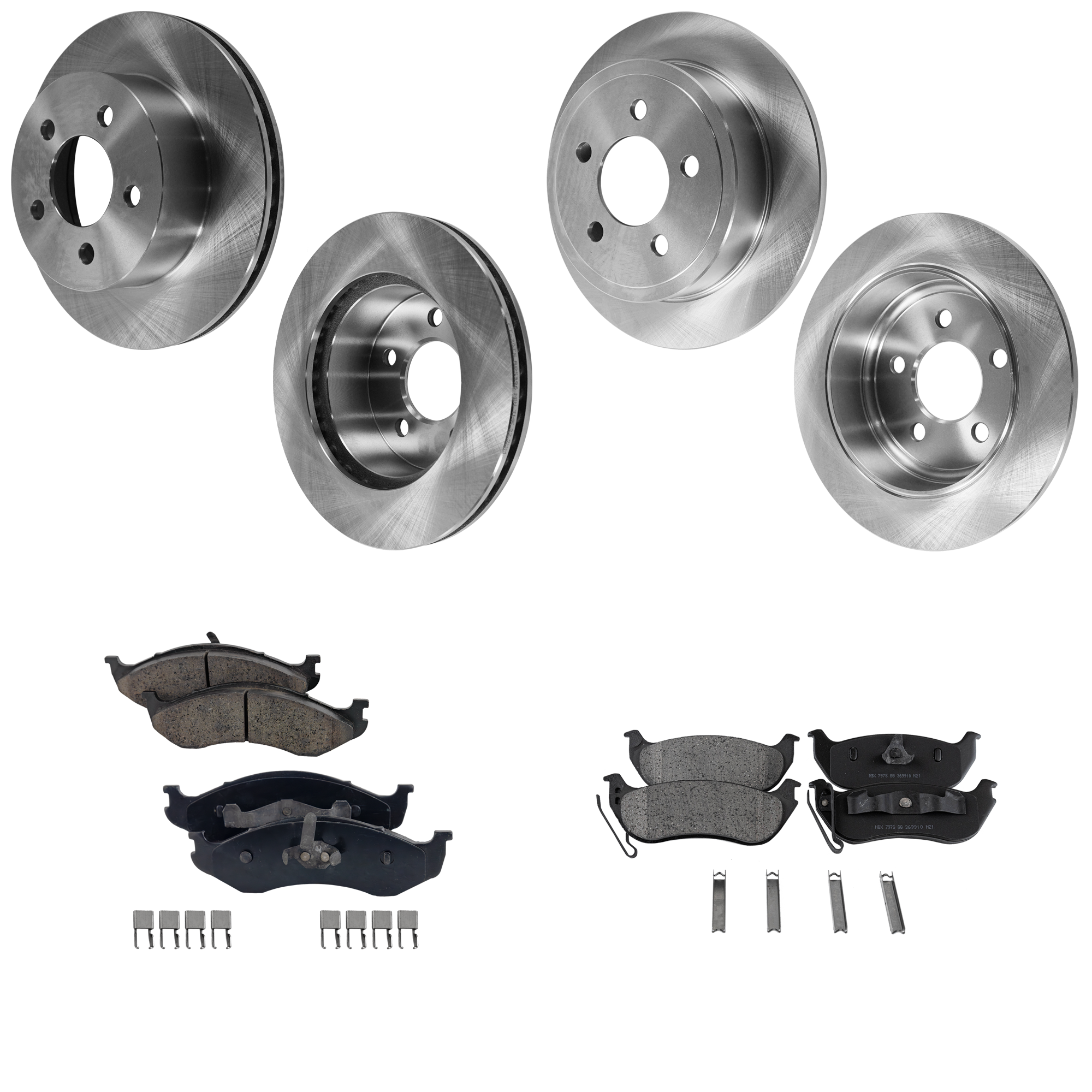 AM WRANGLER 03-06 FRONT AND REAR BRAKE DISC AND PAD KIT 4 Wheel Set Plain Surface 5 Lugs SKU KIT 052423-34 OEM 5016434AA 52128411AA 52128411A