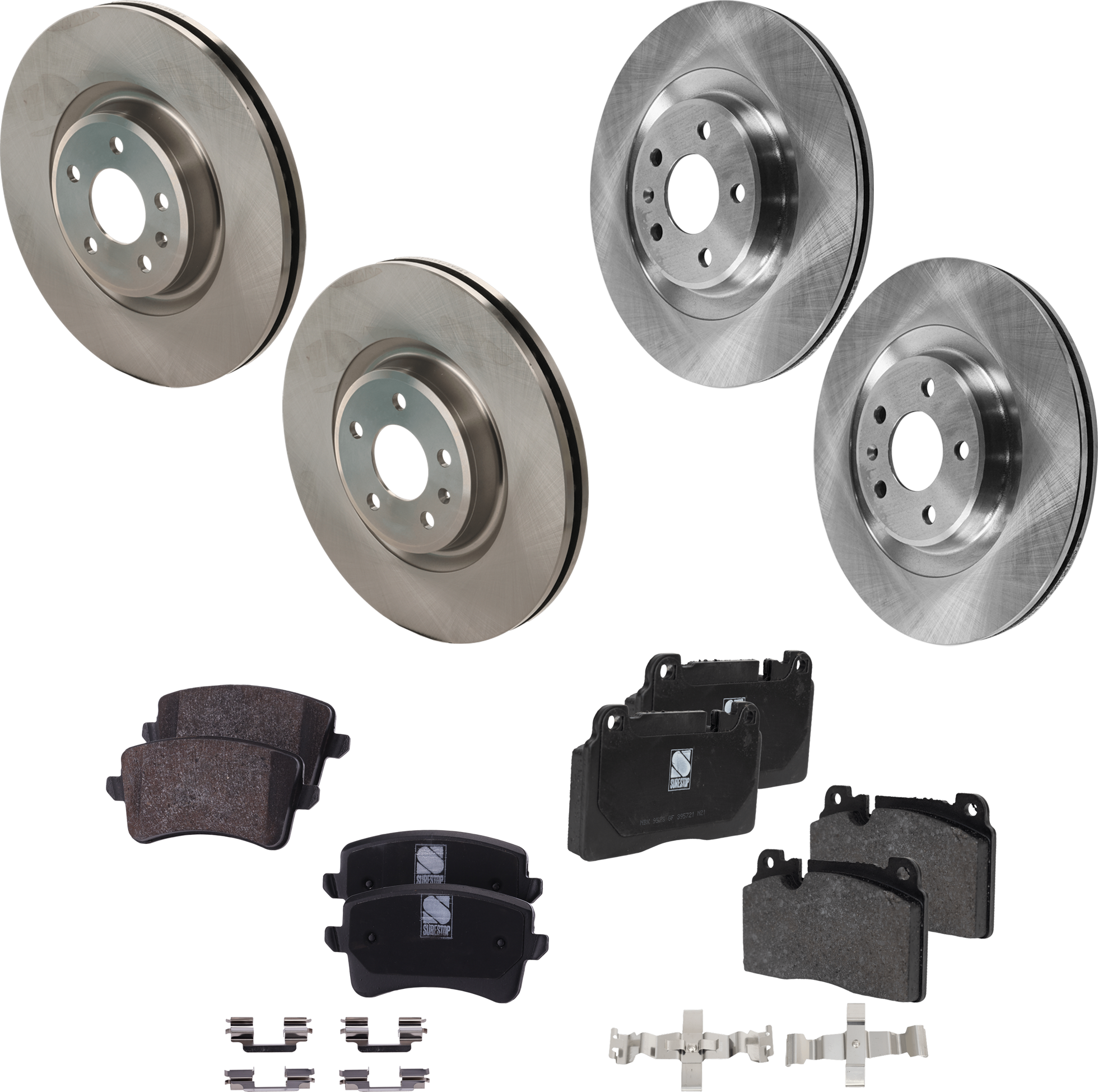 AM Q5-13-17 FRONT AND REAR BRAKE DISC AND PAD KIT 4 Wheel Set Plain Surface SKU KIT 052423-45 OEM 4H0615601H 4G0615301-8R0698151