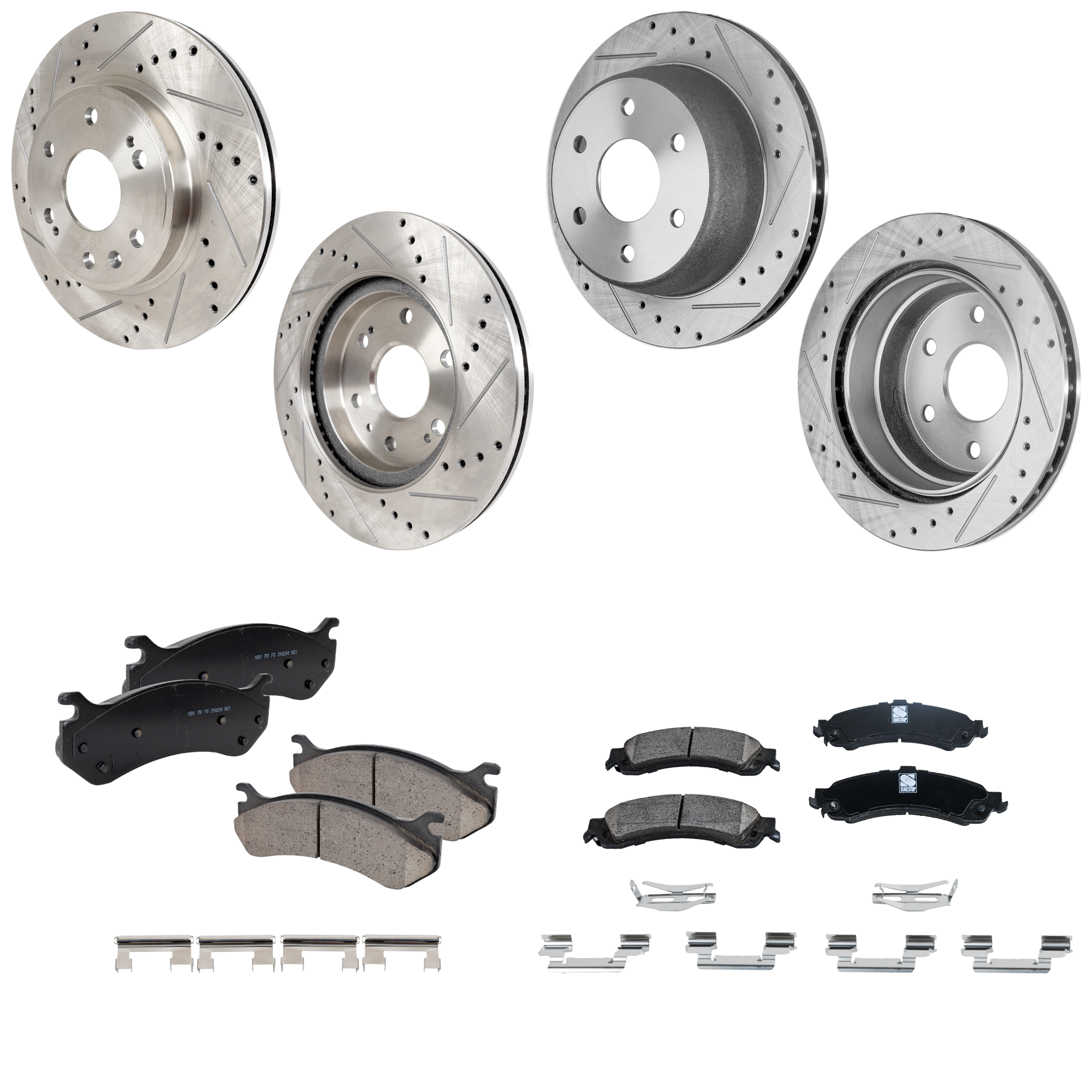 AM SILVERADO 1500-04-04 FRONT AND REAR BRAKE DISC AND PAD KIT 4 Wheel Set Cross drilled and Slotted SKU KIT 052423-47 OEM 19914-55054-56825-101419-14525