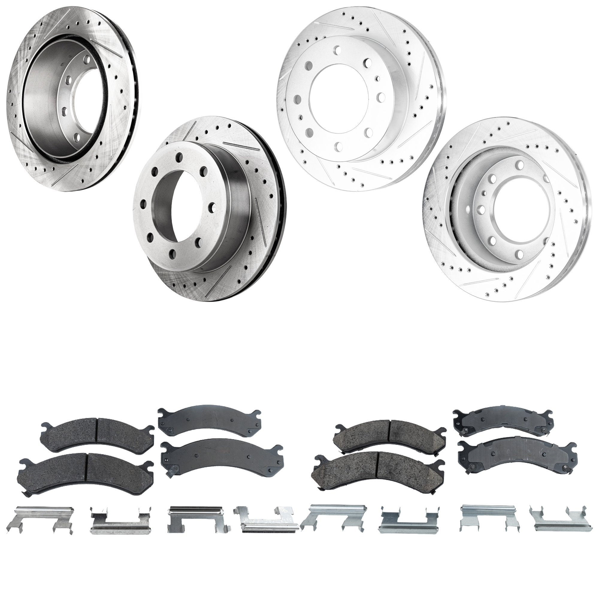 AM SILVERADO SIERRA 3500-04-10 FRONT AND REAR BRAKE DISC AND PAD KIT 4 Wheel Set Cross drilled and Slotted SKU KIT 052423-48 OEM 55-062-550-721-453-100-000-000-000