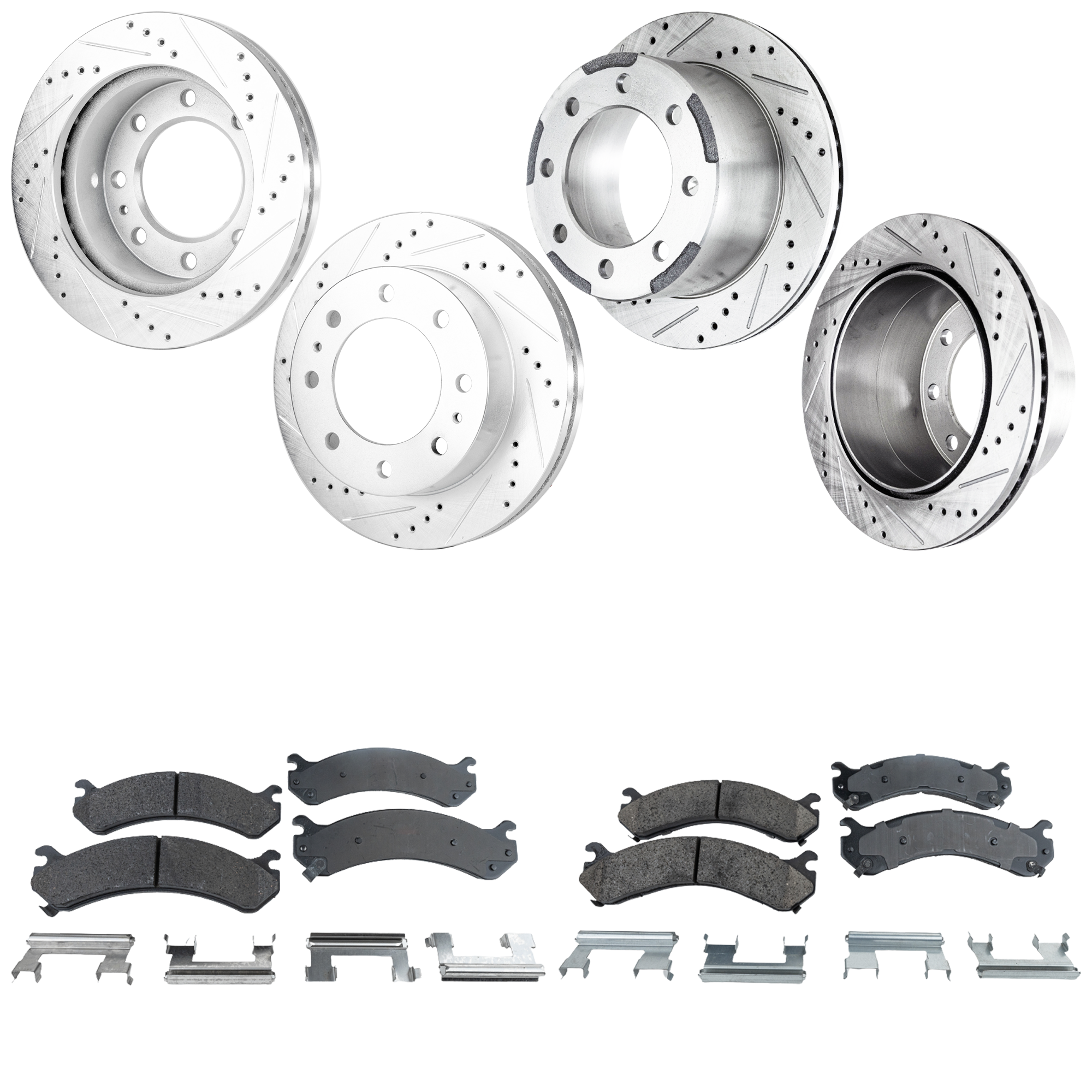 AM SILVERADO SIERRA 01-10 FRONT AND REAR BRAKE DISC AND PAD KIT 4 Wheel Set Cross drilled and Slotted SKU KIT 052423-50 OEM 19-972-550-755-699-200-000-000-000