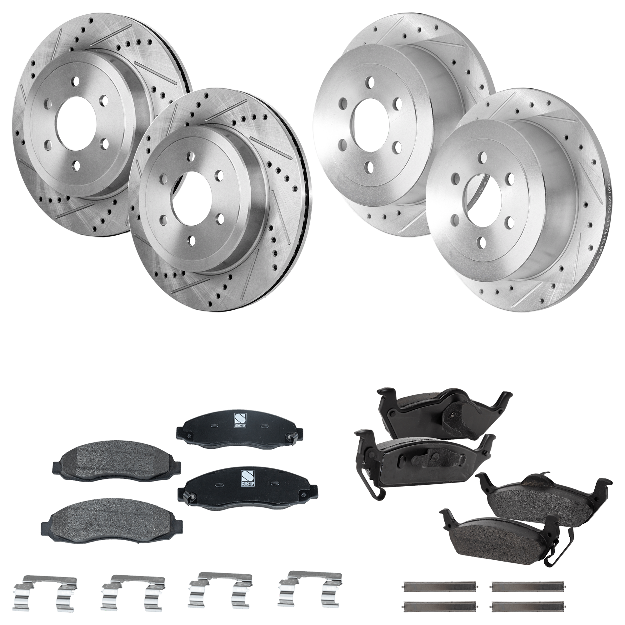 AM DAKOTA 03-04 FRONT AND REAR BRAKE DISC AND PAD KIT 4 Wheel Set Cross drilled and Slotted SKU KIT 052423-51 OEM 53013-780144-48880144-52126044