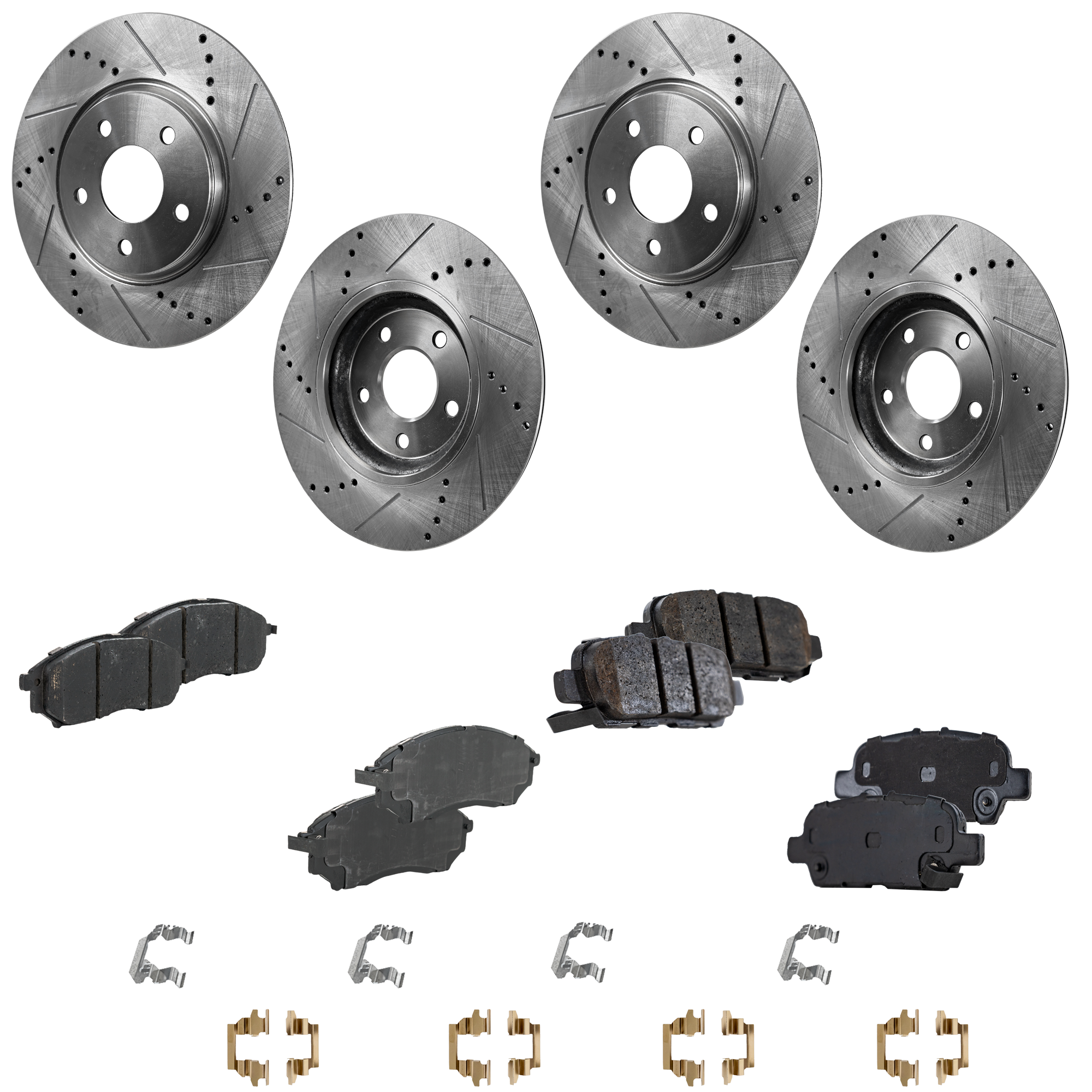 AM G35-07-08-370Z 09-20 FRONT AND REAR BRAKE DISC AND PAD KIT 4 Wheel Set Cross drilled and Slotted SKU KIT 052423-59 OEM 31387-31530-44624-44676-08