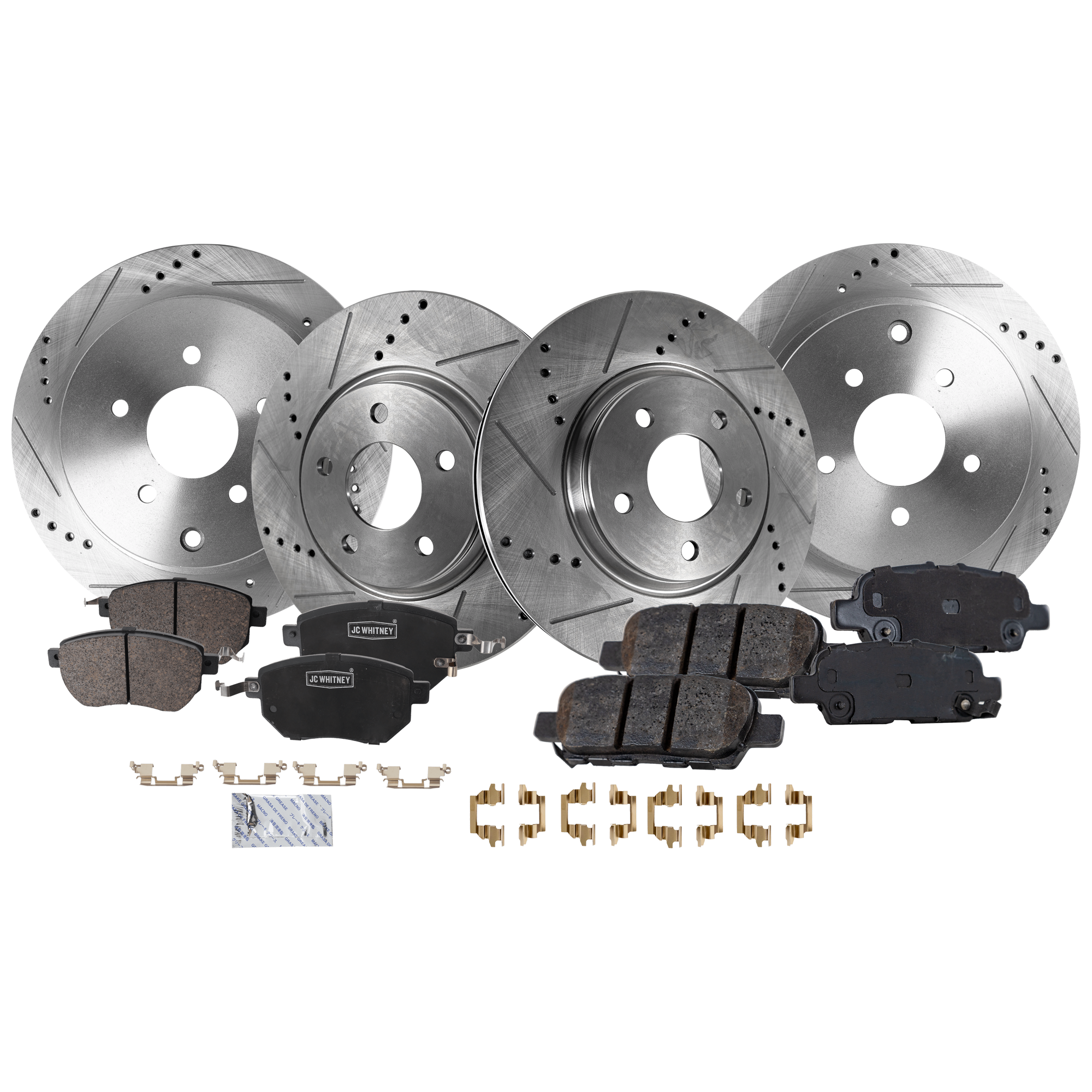 AM FX35 FX45-03-05 MURANO 04-11 FRONT AND REAR BRAKE DISC AND PAD KIT 4 Wheel Set Cross drilled and Slotted SKU KIT 052423-61 OEM 31348-145537-0832970-980155-48