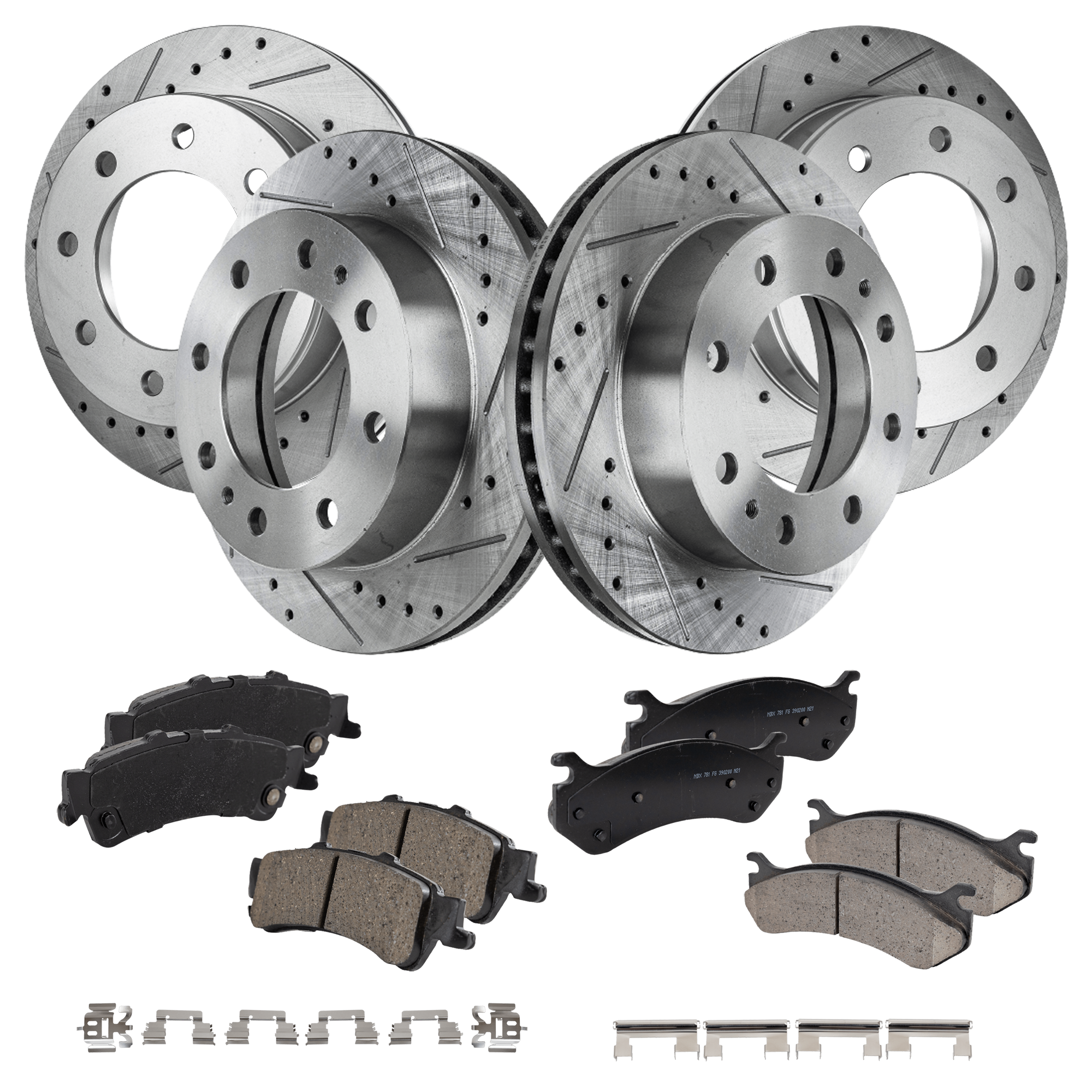 AM SIERRA 1500 SILVERADO 1500-04-04 FRONT AND REAR BRAKE DISC AND PAD KIT 4 Wheel Set Cross drilled and Slotted SKU KIT 052423-67 OEM 55056-56829-56999-86829-10