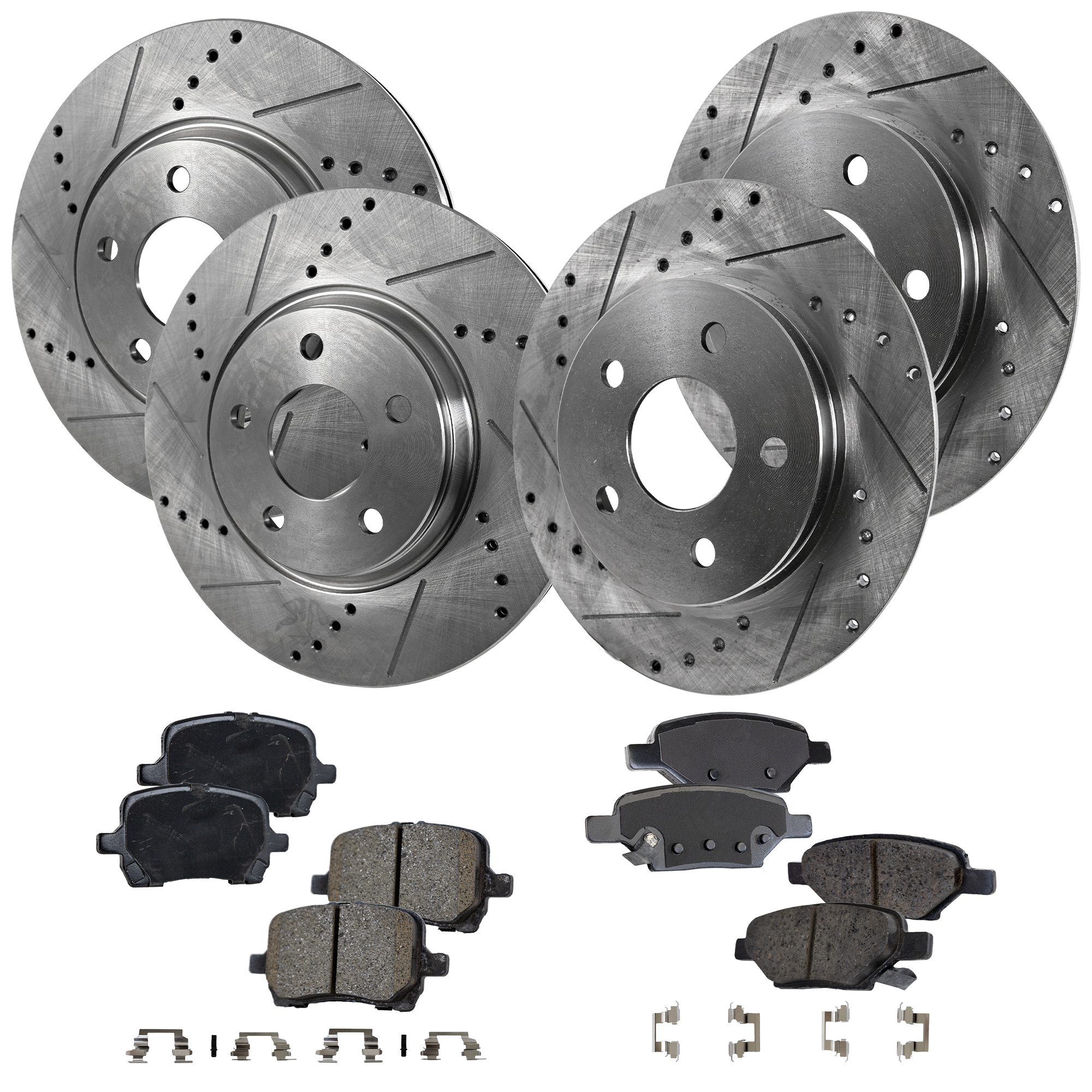 AM G6-06-09 MALIBU 07-12 FRONT AND REAR BRAKE DISC AND PAD KIT 8 pc Kit Cross drilled and Slotted SKU KIT 052423-68 OEM 19352-55094-145563-493465-4888