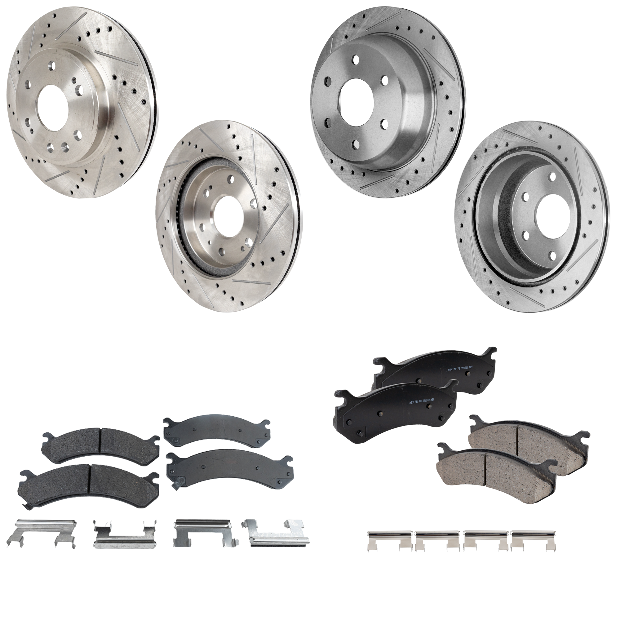 AM SIERRA 1500 HD SILVERADO 1500 HD 01-01 FRONT AND REAR BRAKE DISC AND PAD KIT 4 Wheel Set Cross drilled and Slotted SKU KIT 052423-71 OEM 90048037-56827FZN 19914-55054