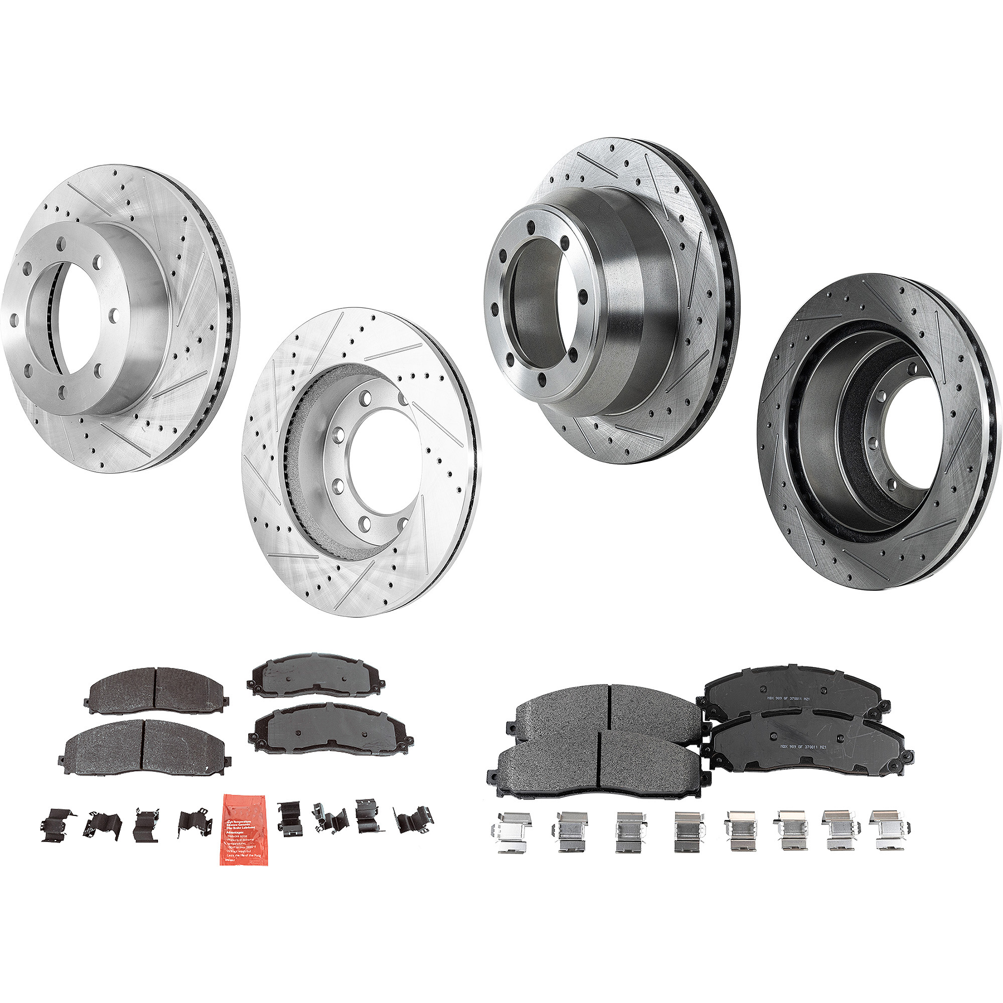 AM F 250 F 350 SUPER DUTY 13-22 FRONT AND REAR BRAKE DISC AND PAD KIT 4 Wheel Set Cross drilled and Slotted SKU KIT 052423-77 OEM 42292-681016-850349-60054223-6