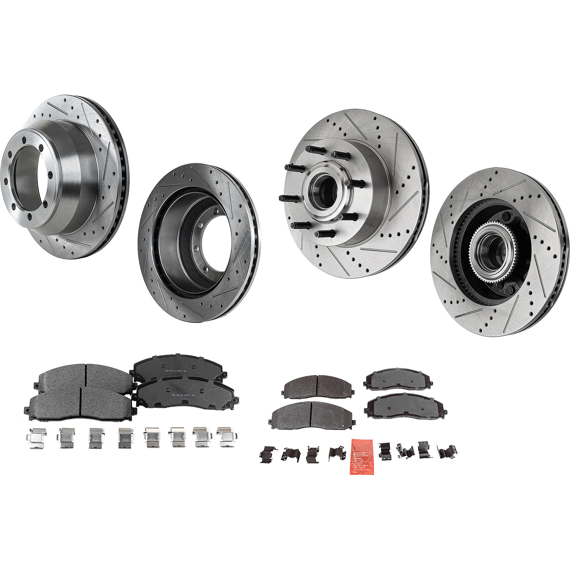 AM F 250 F 350 SUPER DUTY 13-22 FRONT AND REAR BRAKE DISC AND PAD KIT 4 Wheel Set Cross drilled and Slotted SKU KIT 052423-79 OEM 42293-681778-850348-60054227-6