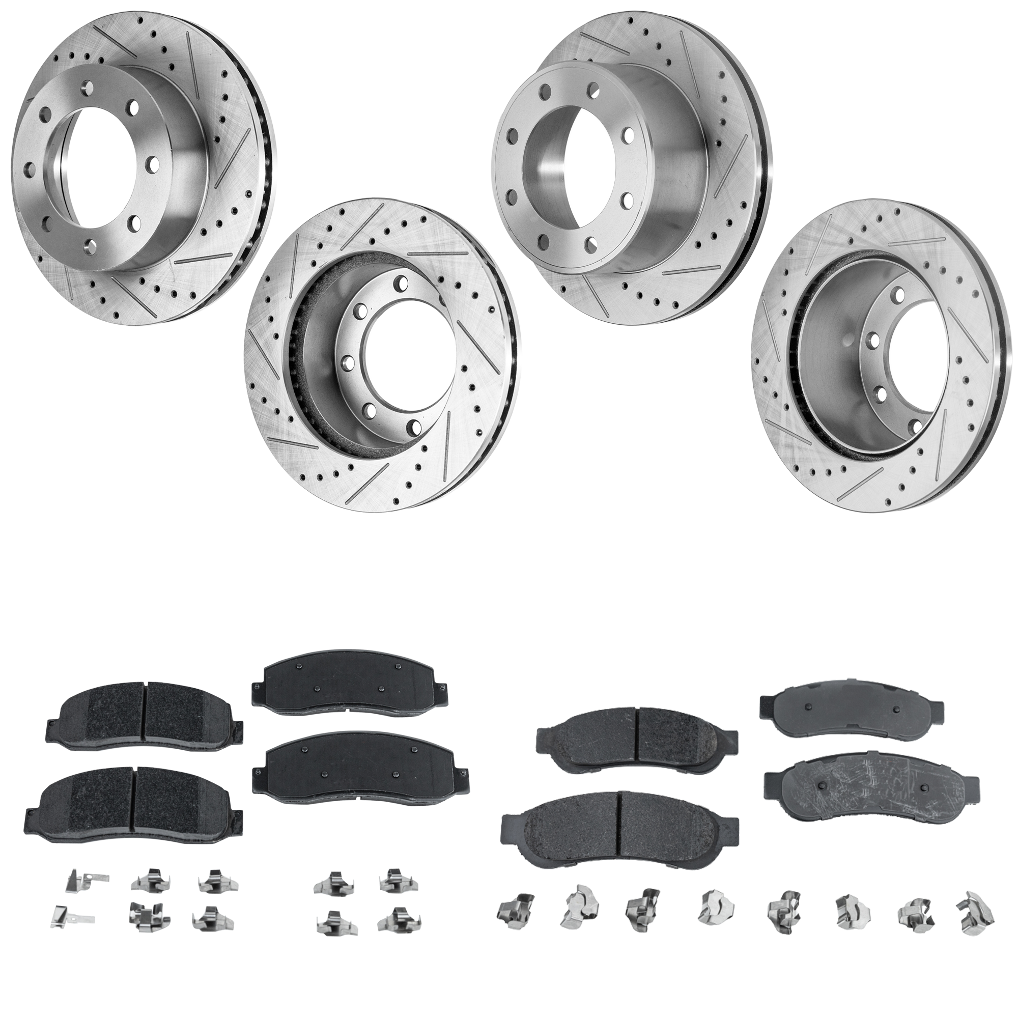 AM F 250 F 350 SUPER DUTY 10-10 FRONT AND REAR BRAKE DISC AND PAD KIT 4 Wheel Set Cross drilled and Slotted SKU KIT 052423-86 OEM 54141-680394-48880394-60054199