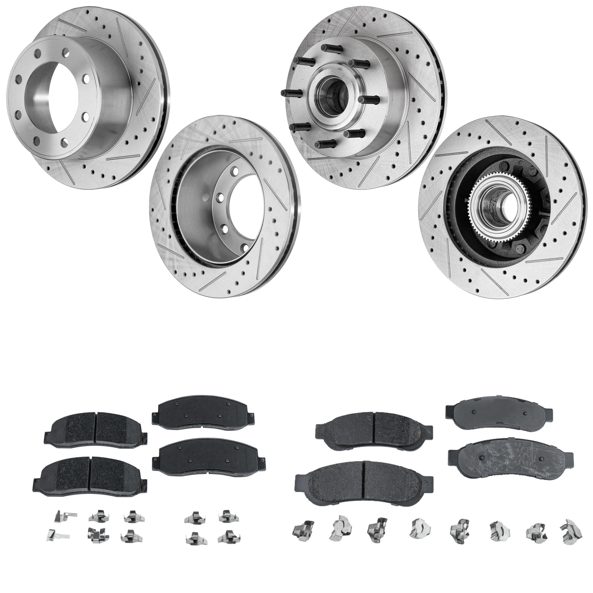 AM F 250 F 350 SUPER DUTY 08-10 FRONT AND REAR BRAKE DISC AND PAD KIT 4 Wheel Set Cross drilled and Slotted SKU KIT 052423-88 OEM 54141-680394-48880394-60054199