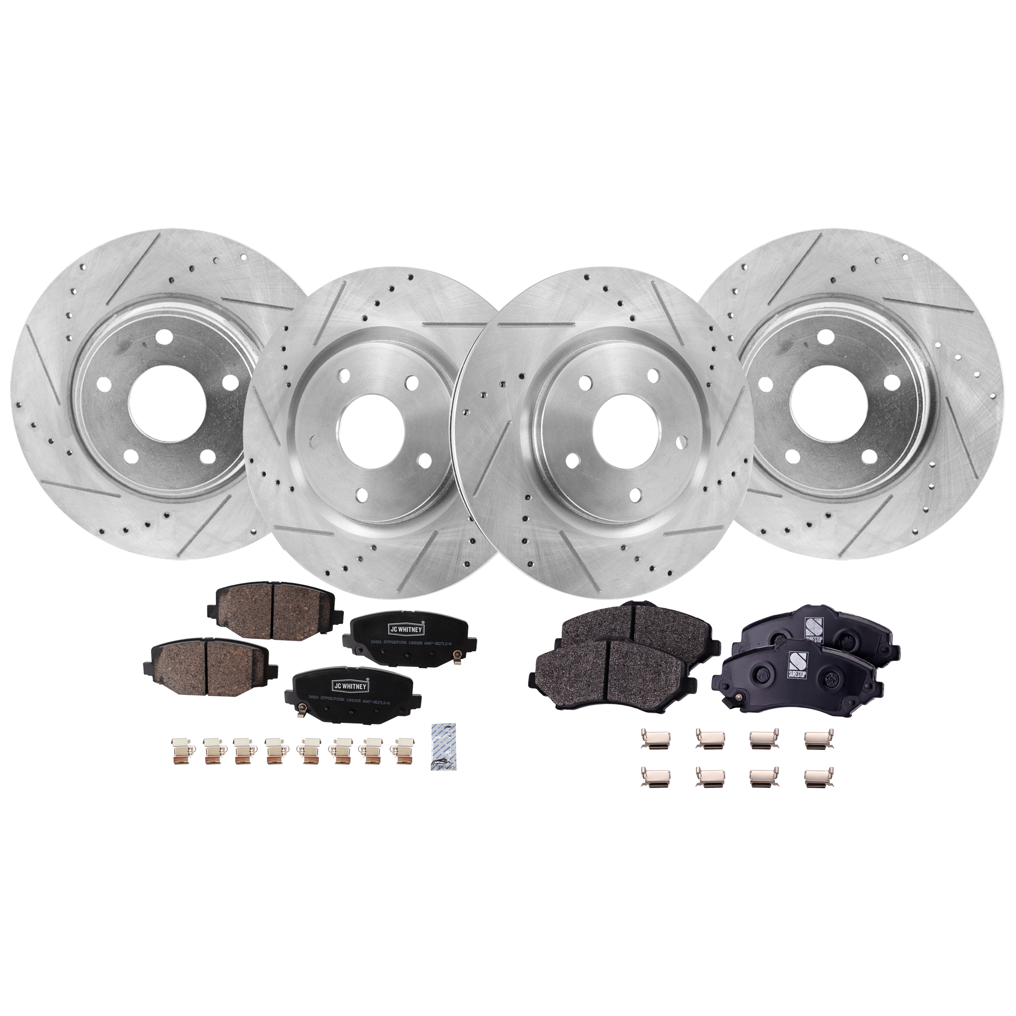 AM ROUTAN 12-14 FRONT AND REAR BRAKE DISC AND PAD KIT 4 Wheel Set Cross drilled and Slotted SKU KIT 052423-96 OEM 43179-53068-780964-850313-6004