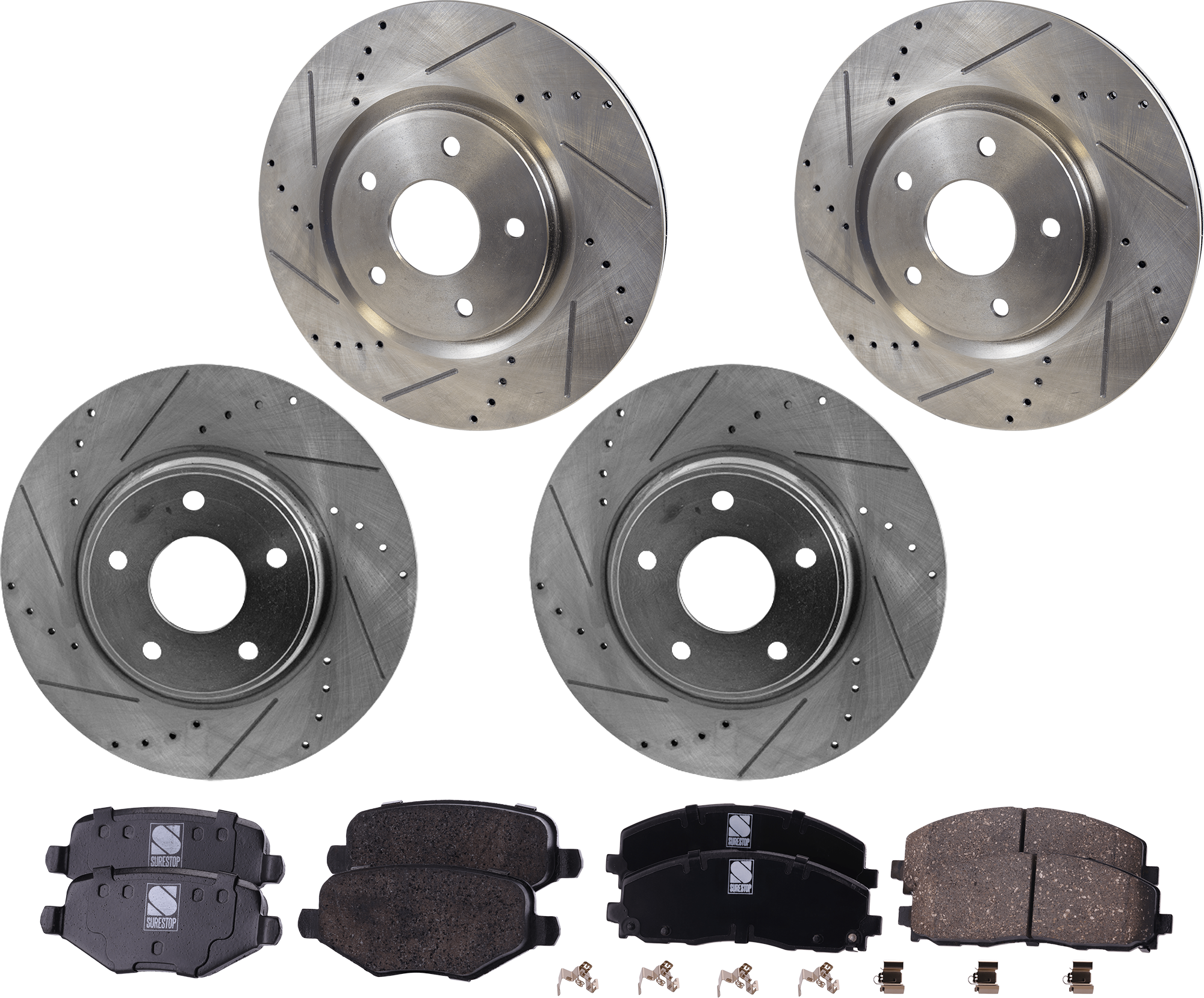 AM ROUTAN 13-14 FRONT AND REAR BRAKE DISC AND PAD KIT 4 Wheel Set Cross drilled and Slotted SKU KIT 052423-97 OEM 43179-53068-780964-850313-6004