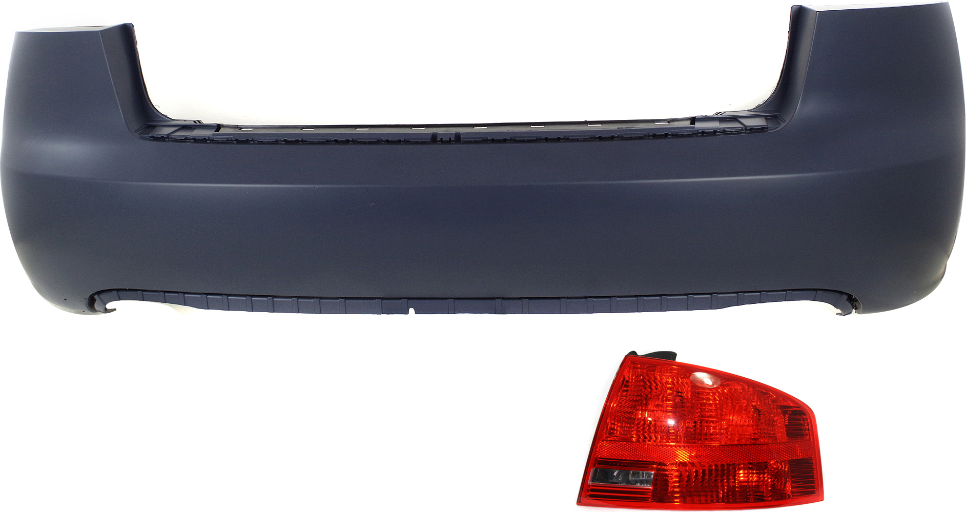 AM A4 S4-05-08 REAR BUMPER COVER 2 pc Kit with Tail Light w o Parking Aid Snsr Holes Sedan SKU KIT 052617-19 Partslink AU1100164 AU2801103 OEM 8E5807303BGRU 8E5945096A