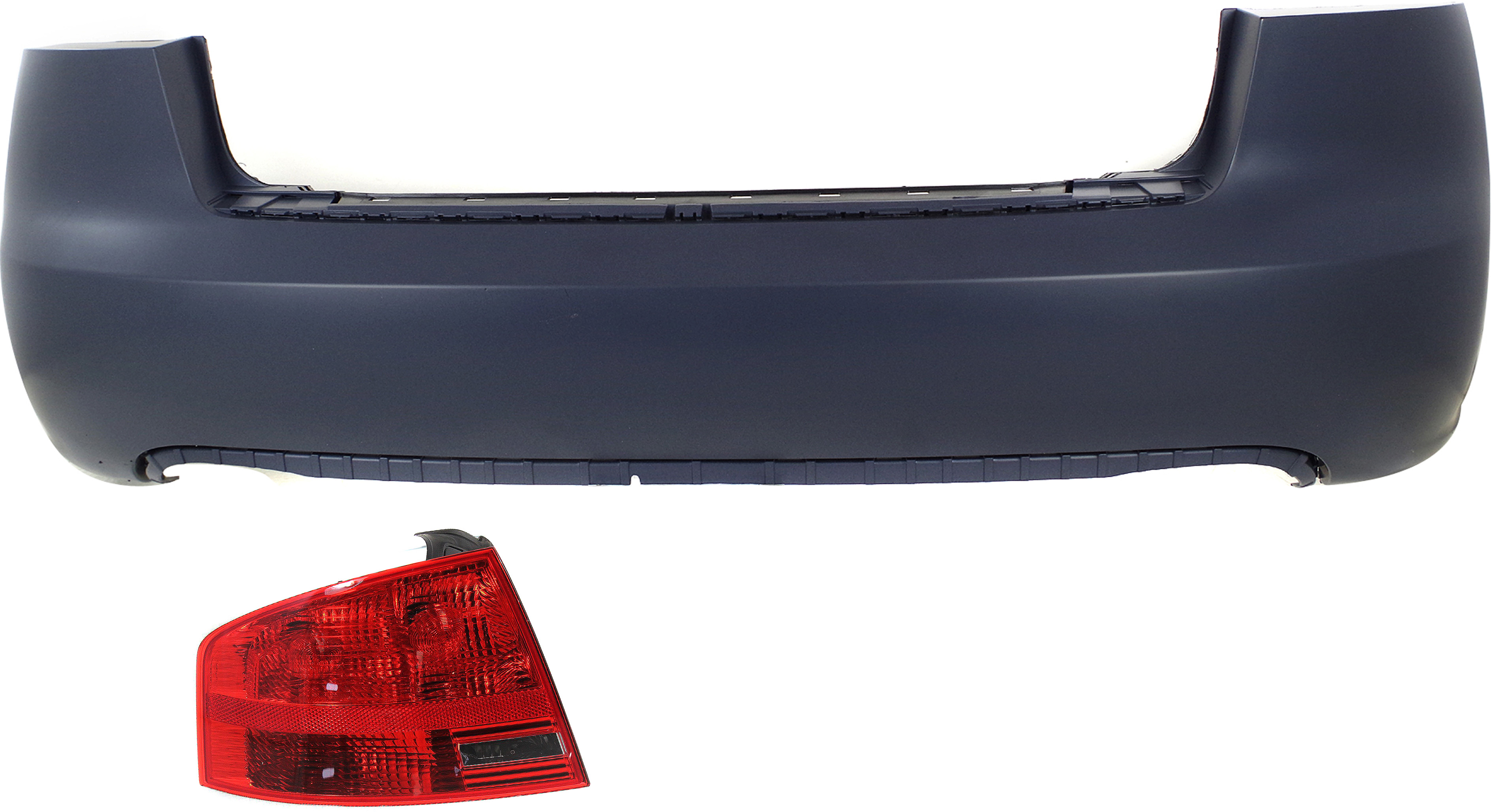 AM A4 S4-05-08 REAR BUMPER COVER 2 pc Kit with Tail Light w o Parking Aid Snsr Holes Sedan SKU KIT 052617-20 Partslink AU1100164 AU2800103 OEM 8E5807303BGRU 8E5945095A