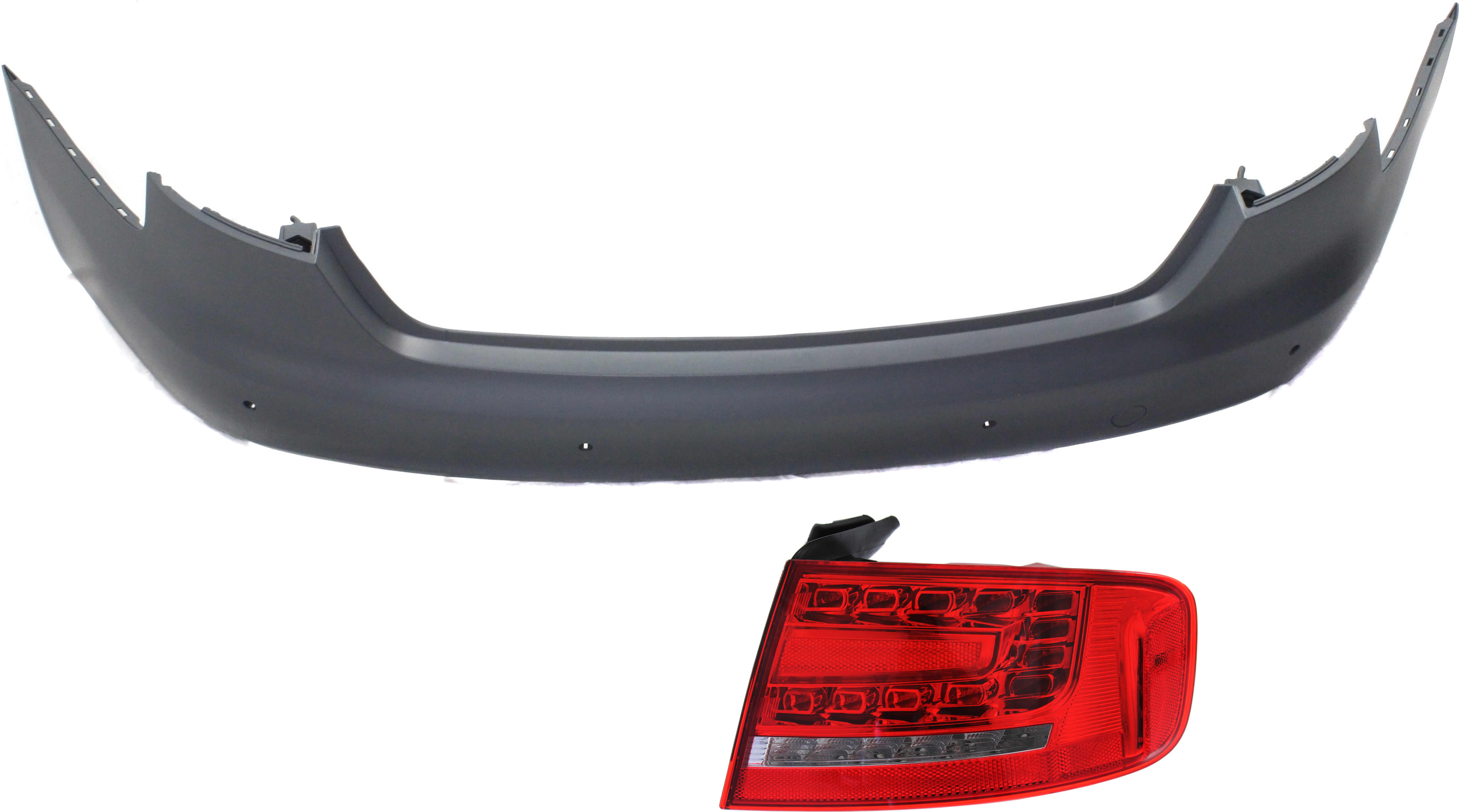 AM A4-09-12 REAR BUMPER COVER 2 pc kit with Tail Light SKU KIT 052617-39 Partslink AU1100196 AU2805104 OEM 8K5807303CGRU 8K5945096L