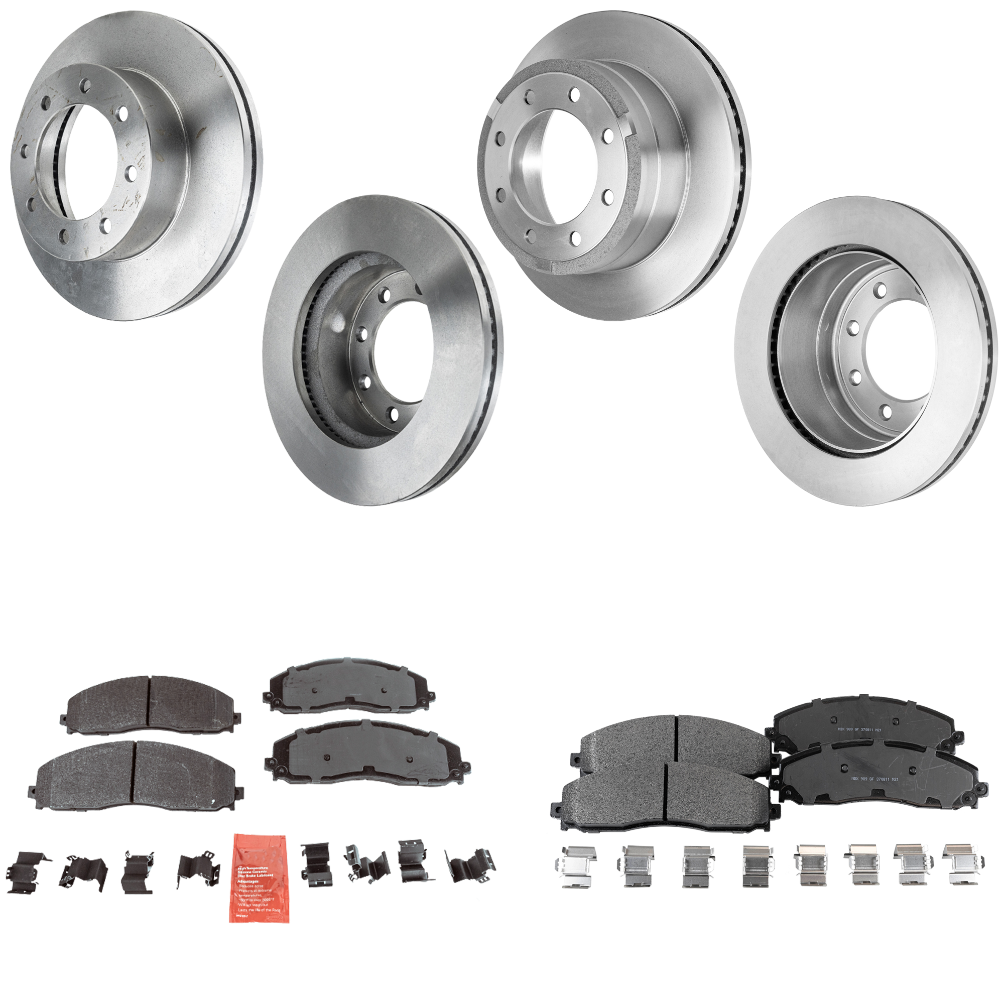 AM F 250 F 350 SUPER DUTY 13-22 FRONT AND REAR BRAKE DISC AND PAD KIT 4 Wheel Set Plain Surface 8 Lugs Cast Iron Semi Metallic SKU KIT 052623-03 OEM DC3Z1125A DC3Z2C026A DC3Z2200B
