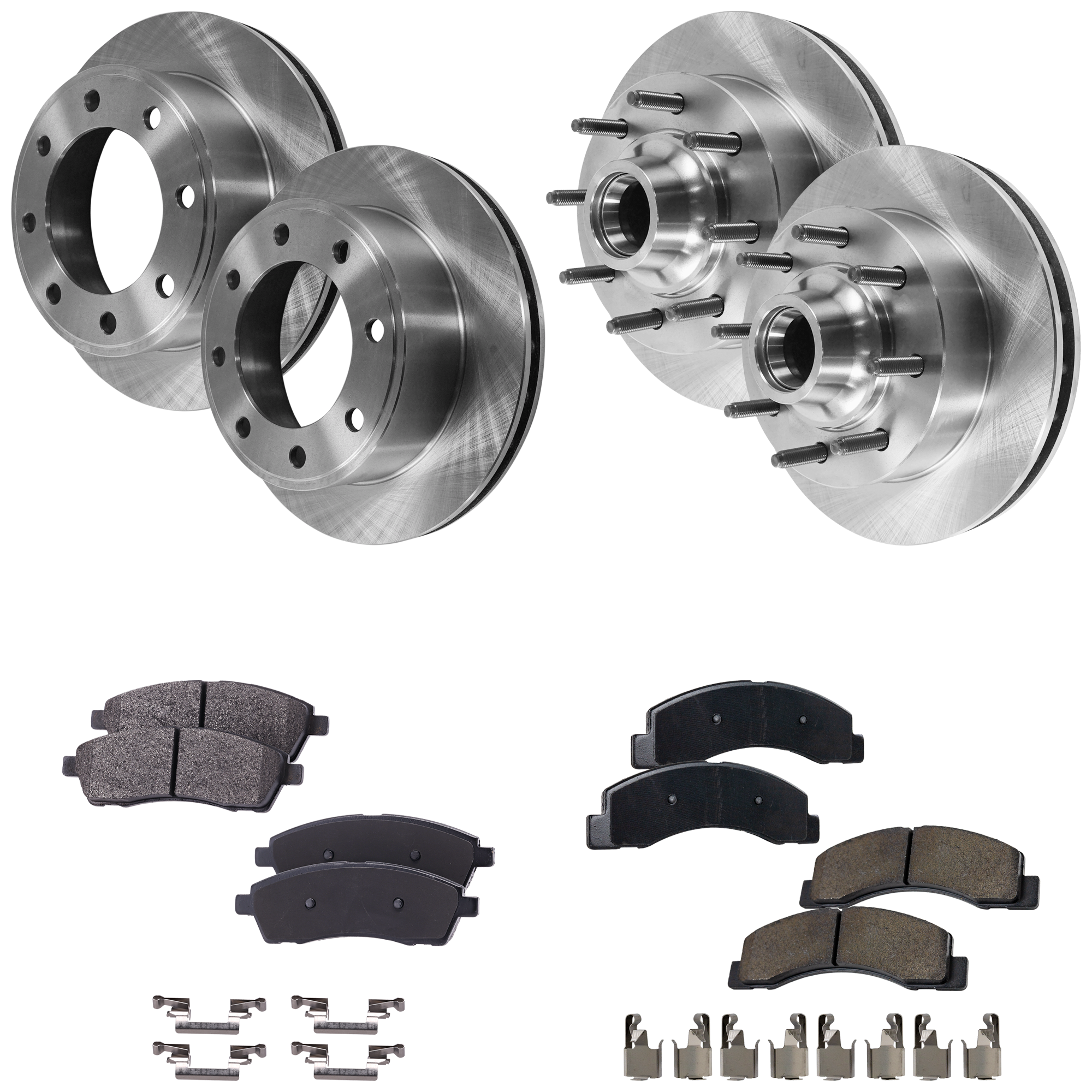 AM F 250 SUPER DUTY F 350 SUPER DUTY 99-02 FRONT AND REAR BRAKE DISC AND PAD KIT 4 Wheel Set Plain Surface 8 Lugs Cast Iron Semi Metallic SKU KIT 052623-08 OEM F81Z1102BA YC3Z2C026BB 1C3Z200