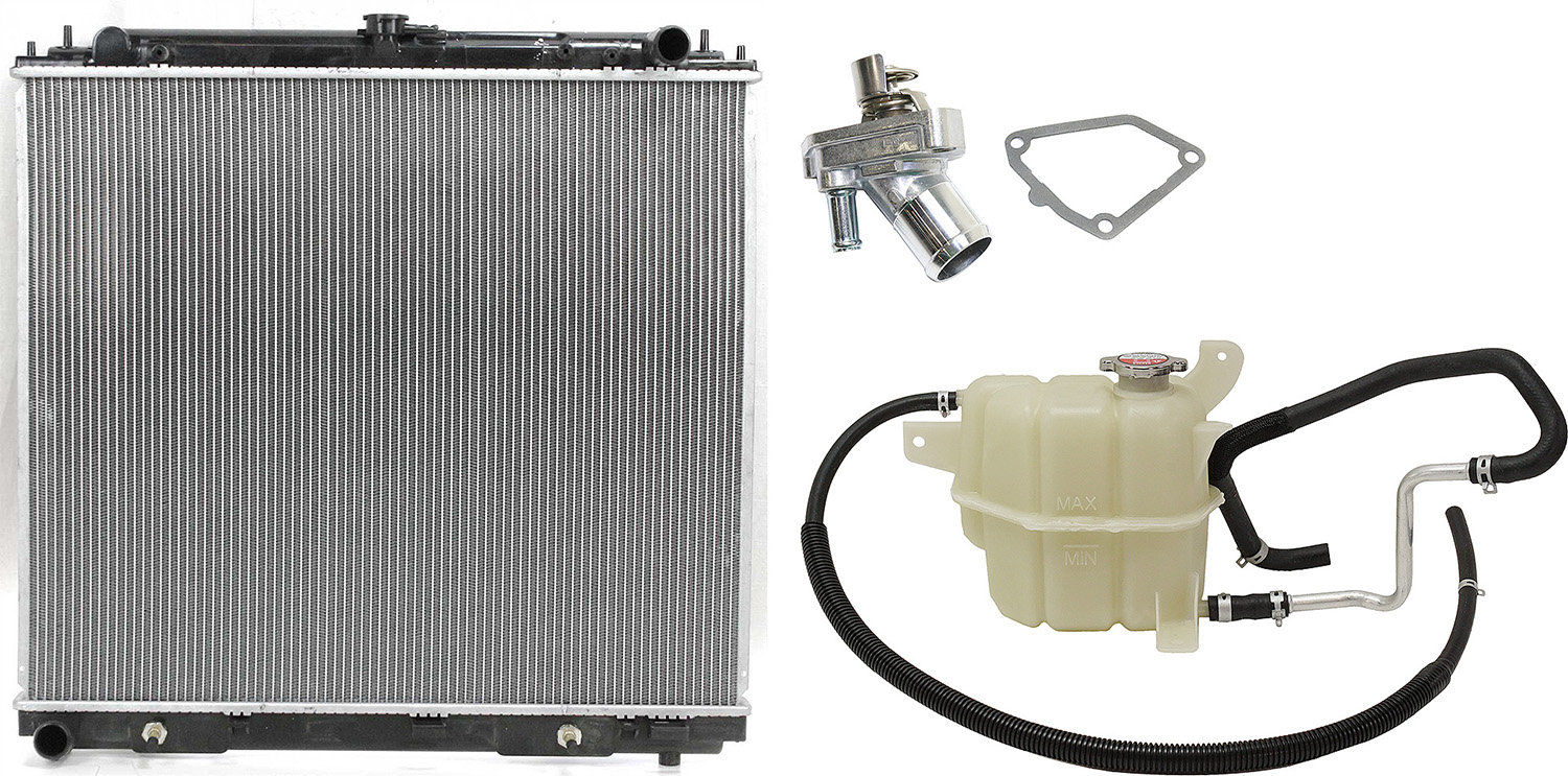 AM FRONTIER 05-18 XTERRA 05-15 RADIATOR 3 pc kit 4.0L 6 Cyl w Thermostat and Coolant Reservoir SKU KIT 052623-111 Partslink NI3010204 NI3014135 OEM 214609CA2E 21710ZL01A PFM 2171