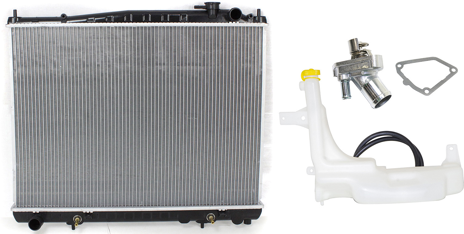 AM PATHFINDER 01-04 QX4-01-03 RADIATOR 3 pc kit 3.5L w Thermostat and Coolant Reservoir SKU KIT 052623-112 Partslink NI3010121 NI3014113 OEM 214604W017-217104W00A 14668-32