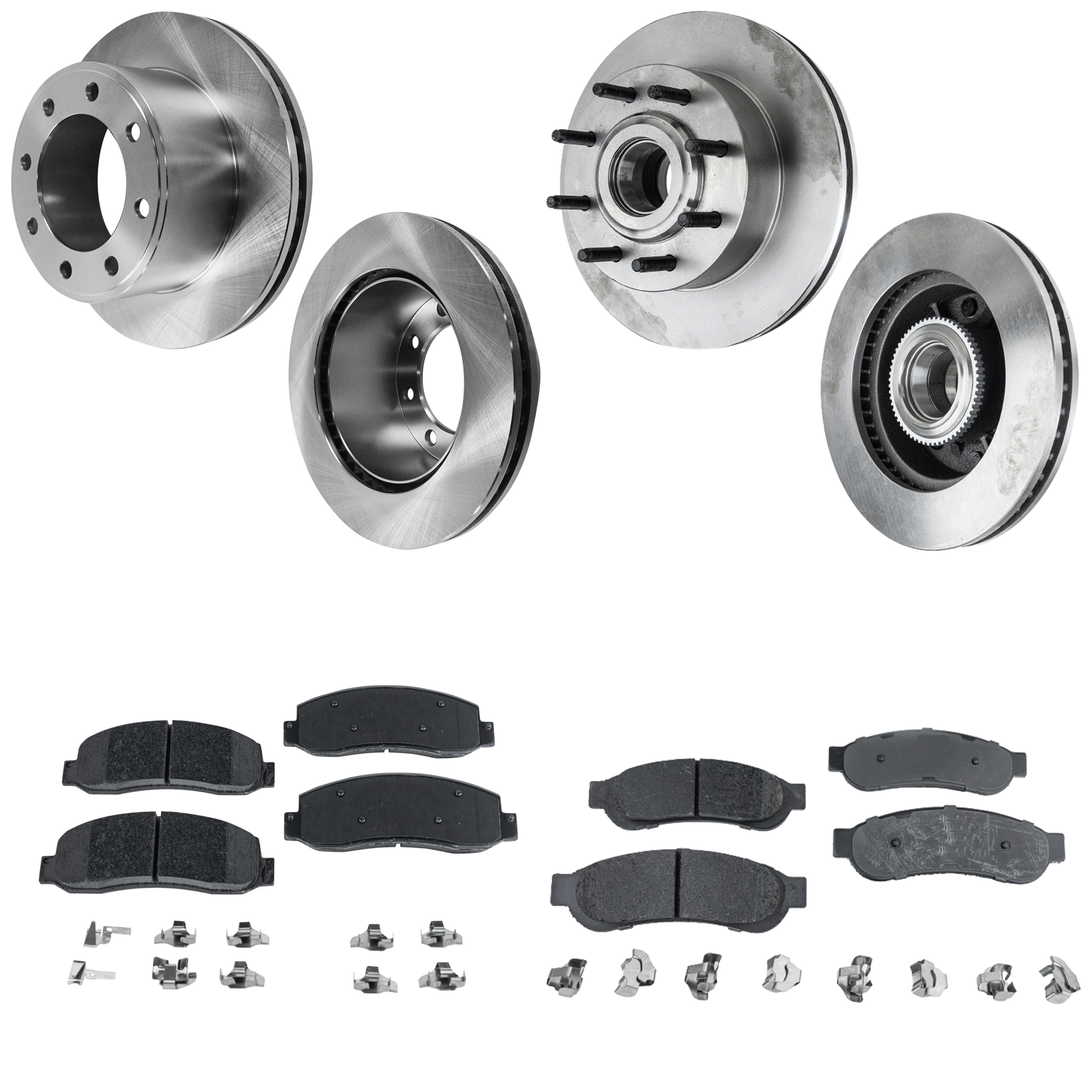 AM F 250 SUPER DUTY F 350 SUPER DUTY 10-12 FRONT AND REAR BRAKE DISC AND PAD KIT 4 Wheel Set Plain Surface 8 Lugs Cast Iron Semi Metallic SKU KIT 052623-11 OEM 42259-54160-60411-850066-90036