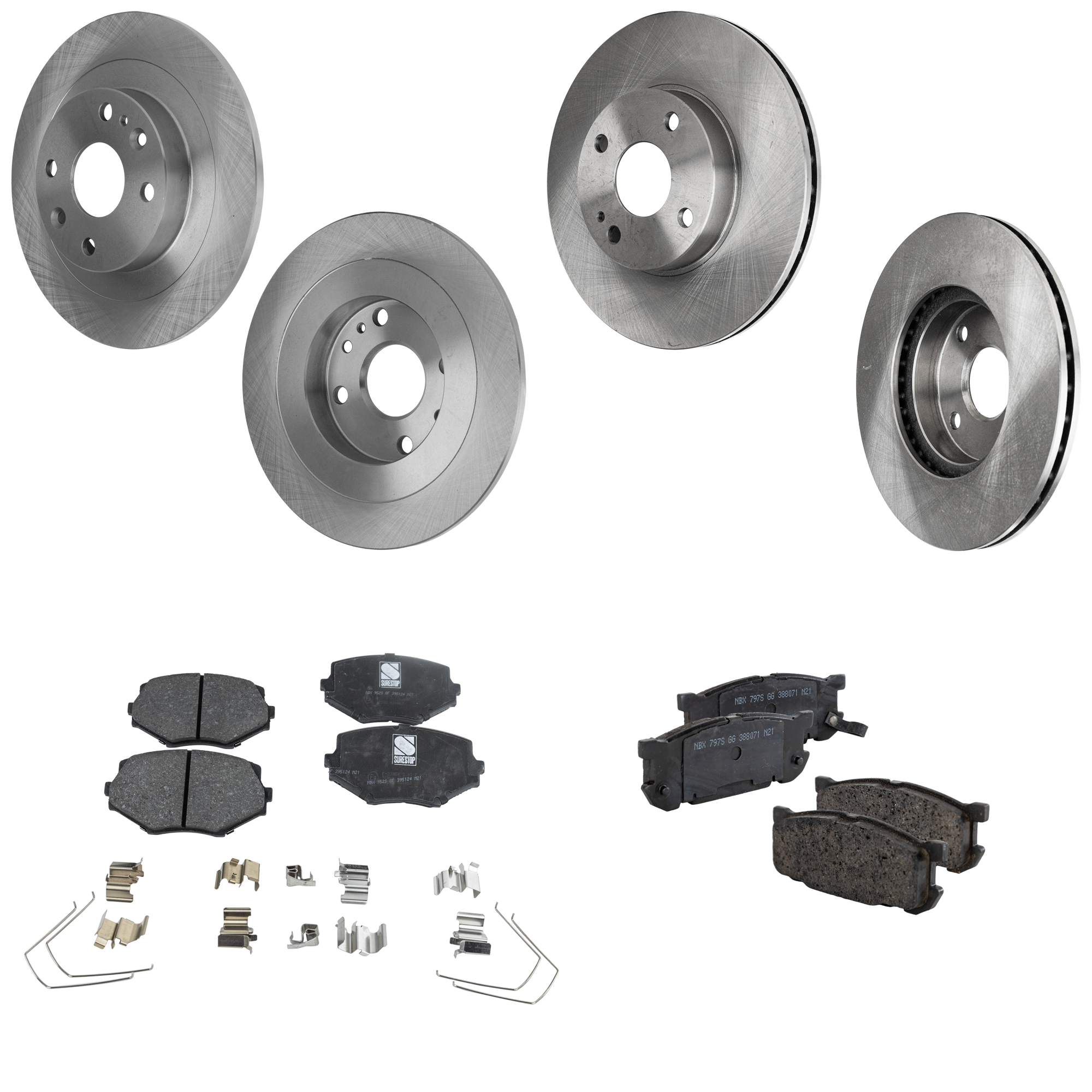 AM MIATA 01-02 FRONT AND REAR BRAKE DISC AND PAD KIT 4 Wheel Set Plain Surface 4 Lugs Cast Iron Non Asbestos Organic Front Ceramic Rear SKU KIT 052623-14 OEM NA753325X N0263325X NA753325XC