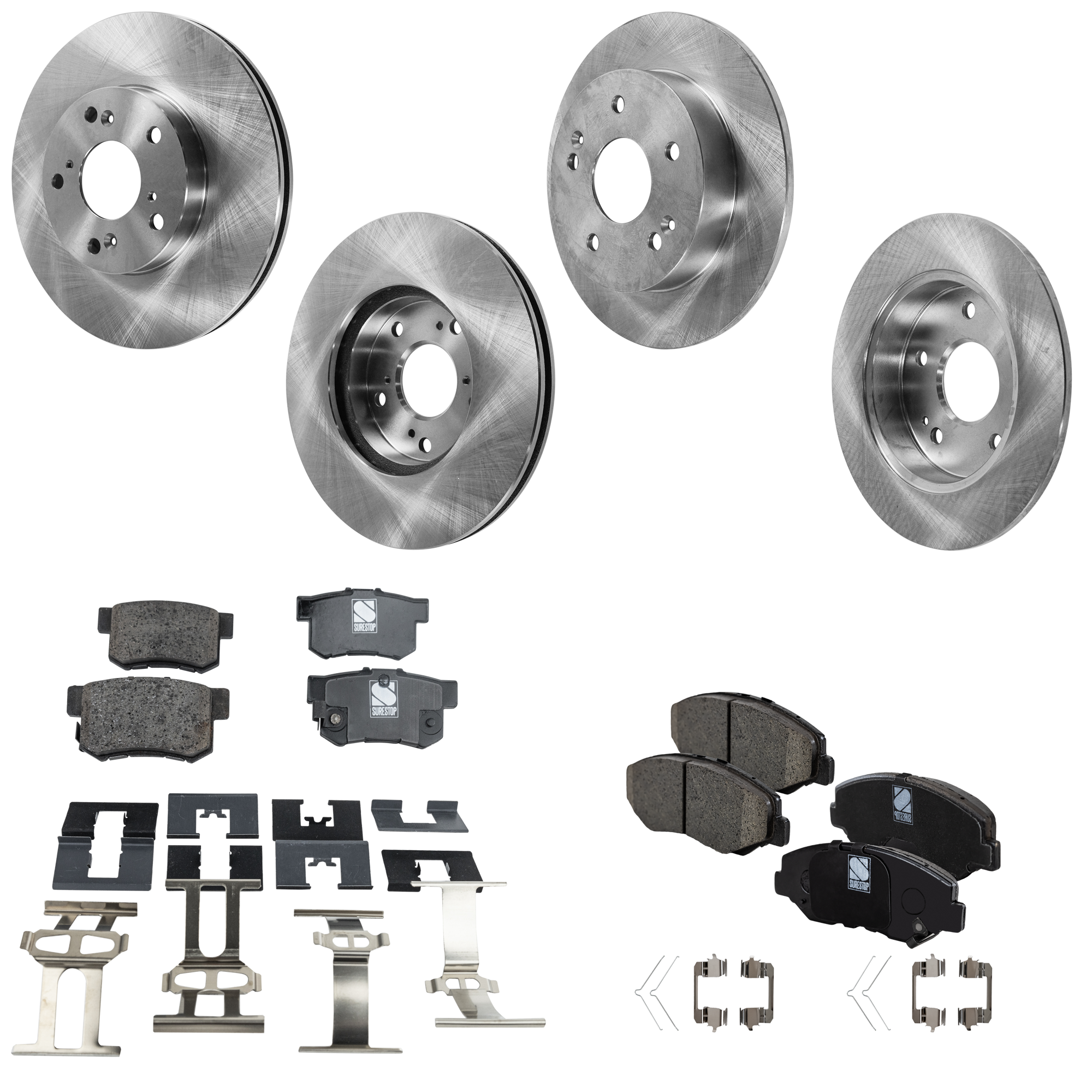 AM CIVIC ILX 15-15 FRONT AND REAR BRAKE DISC AND PAD KIT 4 Wheel Set Plain Surface 5 Lugs Cast Iron Ceramic SKU KIT 052623-27 OEM 45251S87A00-42510S30A00-45022S