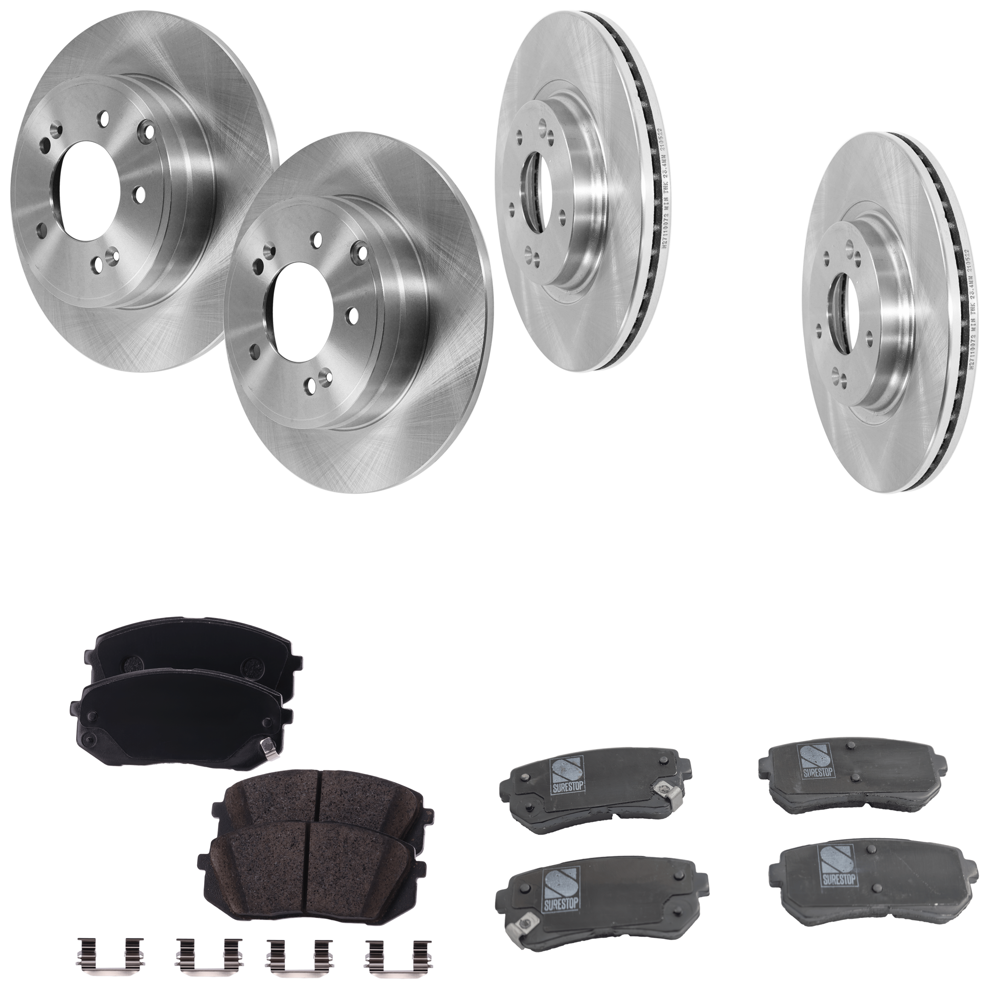 AM OPTIMA 16-20 SONATA 15-19 FRONT AND REAR BRAKE DISC AND PAD KIT 4 Wheel Set Plain Surface 5 Lugs Cast Iron Ceramic SKU KIT 052623-30 OEM 51712C2000-584110A100-58101B2A