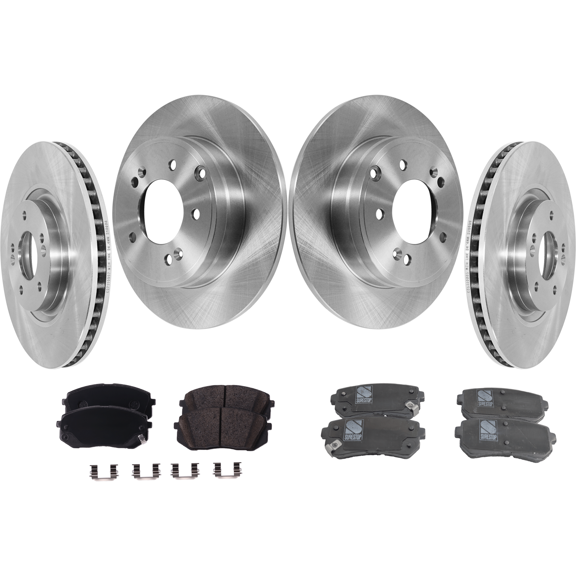 AM OPTIMA 16-20 SONATA 15-19 FRONT AND REAR BRAKE DISC AND PAD KIT 4 Wheel Set Plain Surface 5 Lugs Cast Iron Ceramic SKU KIT 052623-31 OEM 584110A100-31590-44728-850264