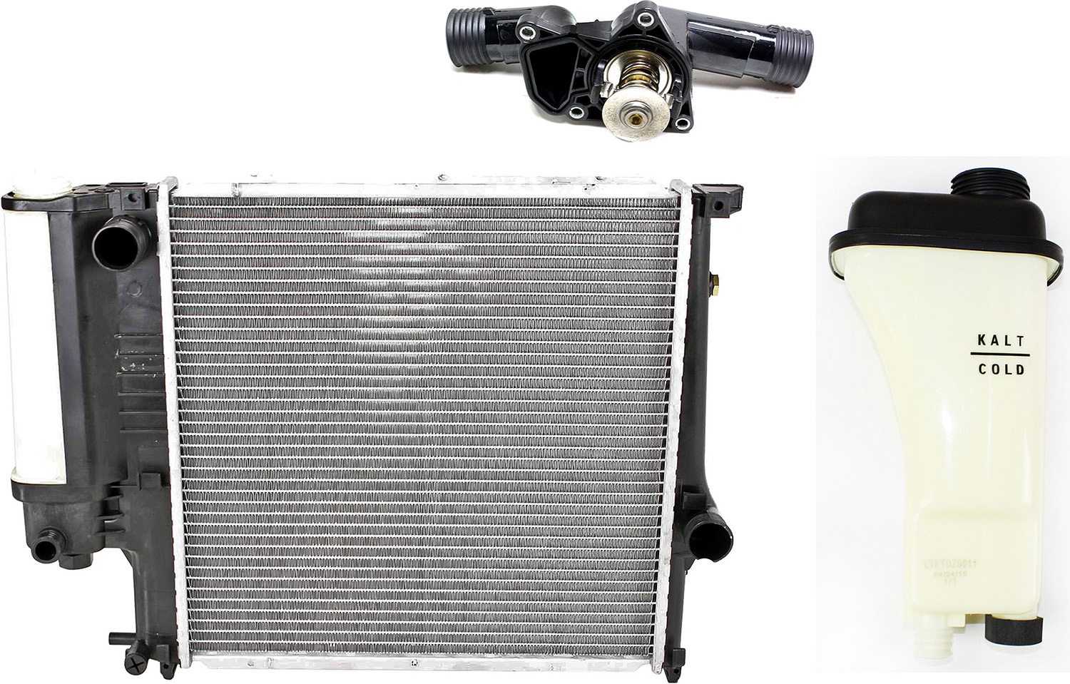 AM 3 SERIES 92-99 RADIATOR KIT 4 Cyl 1.9L E36 Body Coupe Sedan w Thermostat and Coolant Reservoir SKU KIT 052623-32 Partslink BM3010102 BM3014103 OEM 17111728907-17111723520