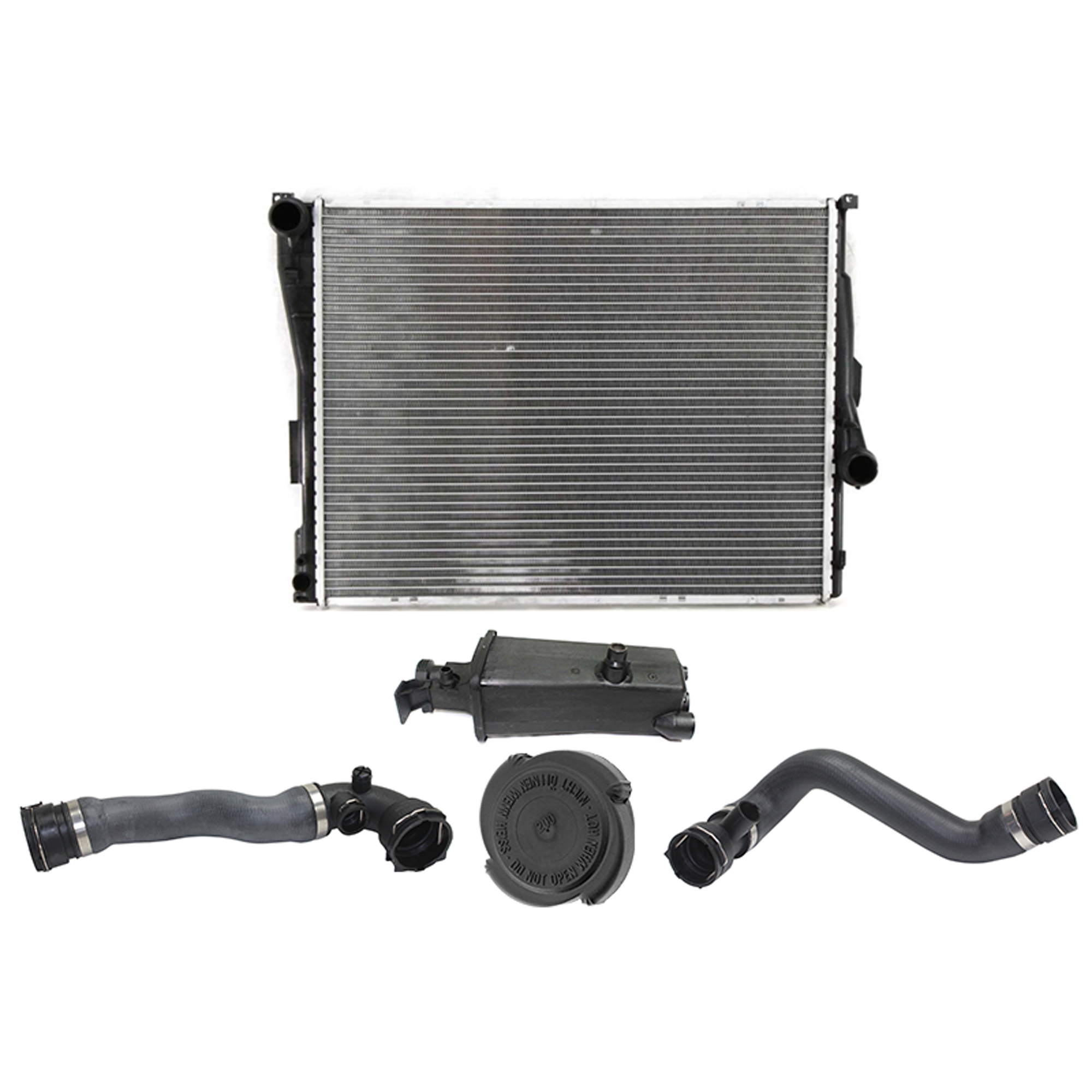 AM 3 SERIES 99-06 RADIATOR 6 pc kit 6 Cyl 2.5L 2.8L 3.0L E46 Body Auto Trans with Radiator Hose Thermostat Coolant Reservoir and Radiator Cap SKU KIT 052623-34 Partslink BM3010107 BM3014102 OEM 17119071519-17117573781-171176