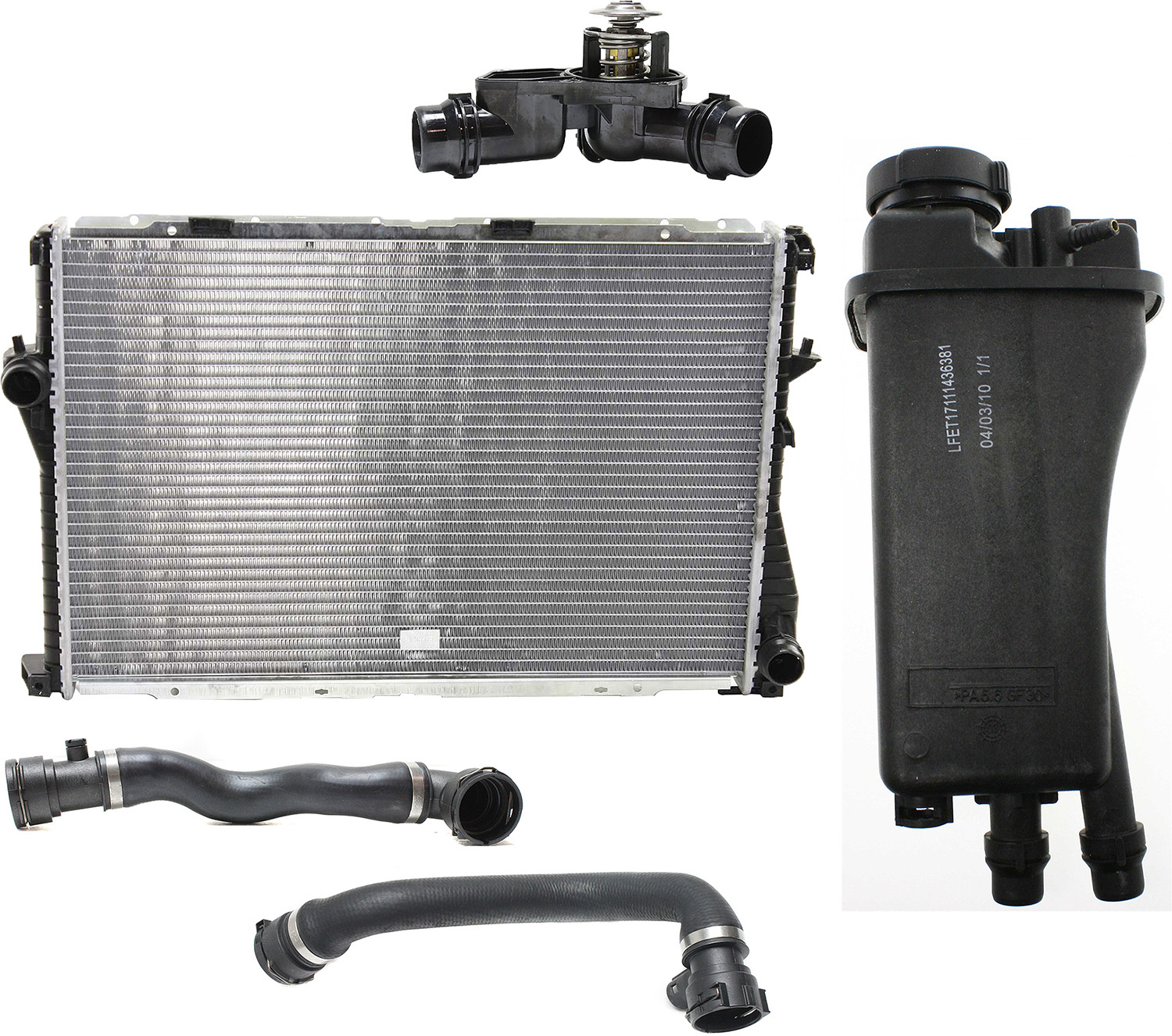 AM 5 SERIES 99-03 RADIATOR 5 pc kit 6 Cyl 2.5L 2.8L 3.0L E39 Body with Radiator Hose Thermostat and Coolant Reservoir SKU KIT 052623-36 Partslink BM3010109 BM3014104 OEM 17111436060-17111436381-115317