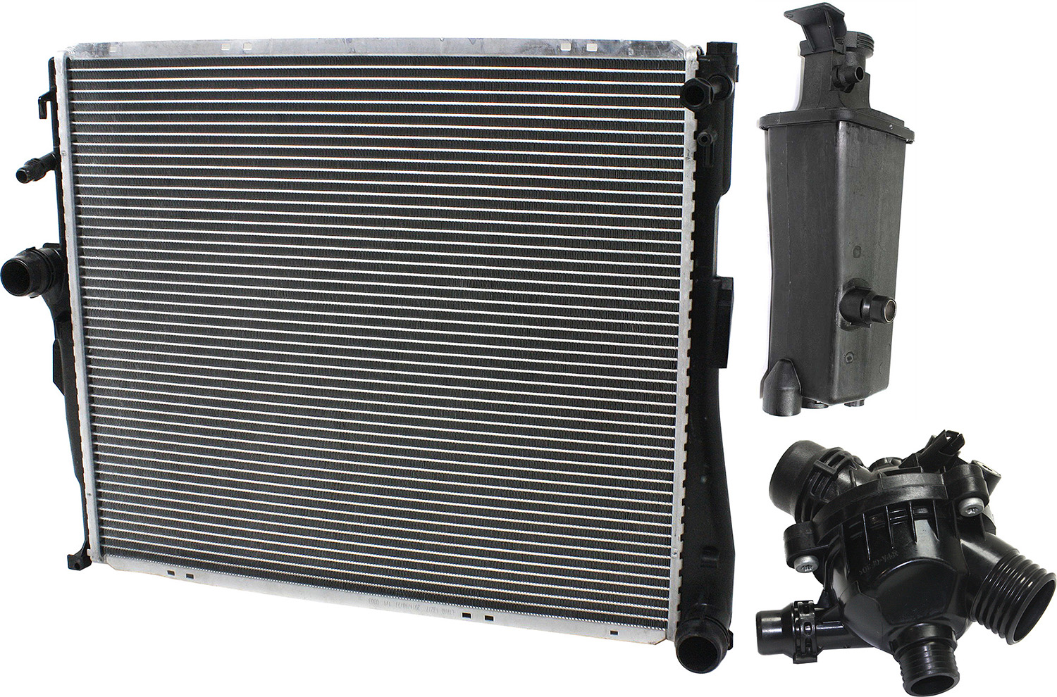 AM X3-07-10 RADIATOR 3 pc kit 6 Cyl 3.0L Auto Trans w Thermostat and Coolant Reservoir SKU KIT 052623-42 Partslink BM3010169 BM3014102 OEM 17113400013-17117573781-115375