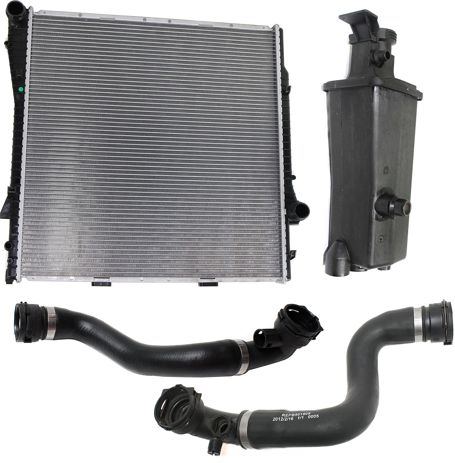 AM X5-01-06 RADIATOR 4 pc Kit 6 Cyl. 3.0L Eng. w Coolant Reservoir and Radiator Hose SKU KIT 052623-44 Partslink BM3010120 BM3014102 OEM 17107544668-17117573781-115375
