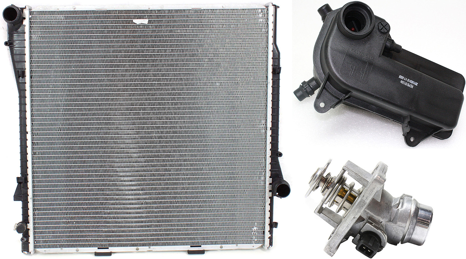 AM X5-00-03 RADIATOR KIT 8 Cyl 4.4L 4.6L w Thermostat and Coolant Reservoir SKU KIT 052623-45 Partslink BM3010121 BM3014109 OEM 17101439101-17107514964-85961