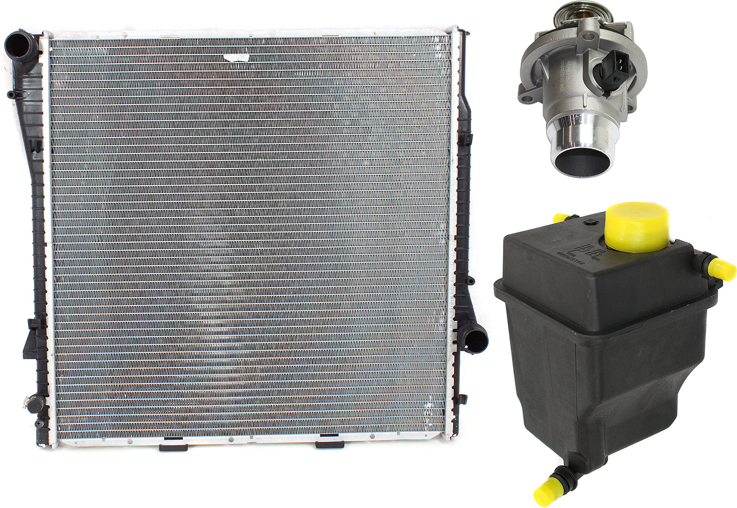 AM X5-04-06 RADIATOR KIT Aluminum 8 Cyl 4.4L 4.8L Engines w Thermostat and Coolant Reservoir SKU KIT 052623-46 OEM 17101439101 PCF000033-11537586