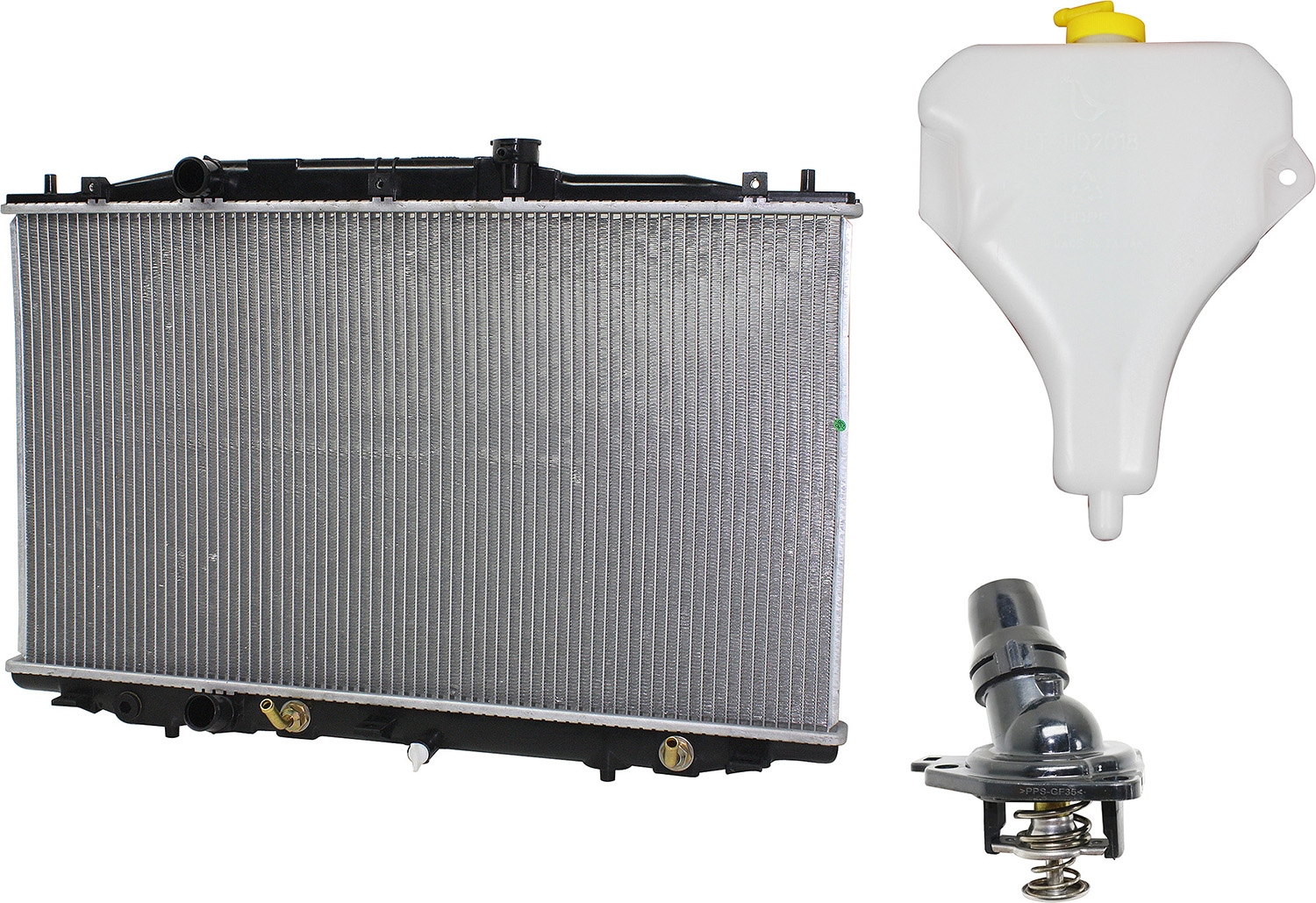 AM ACCORD 03-07 RADIATOR 3 pc kit 4 Cyl 2.4L Auto Trans w Thermostat and Coolant Reservoir SKU KIT 052623-59 Partslink HO3010201 HO3010186 HO3014110 OEM 19010RAAA81-19010RAAA51-19101R