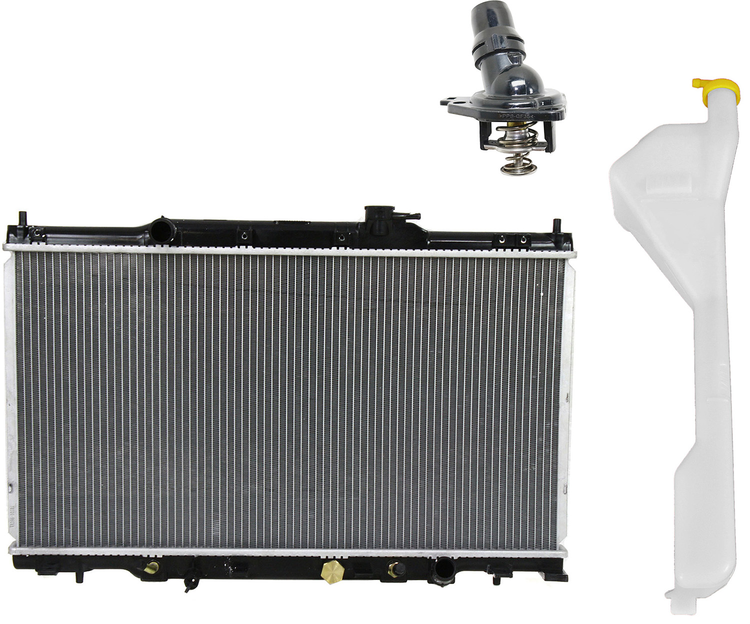 AM ELEMENT 03-06 RADIATOR 3 pc kit 4 Cyl 2.4L w Thermostat and Coolant Reservoir SKU KIT 052623-60 Partslink HO3010179 HO3014122 OEM 19010PPLA51-19101PZDA01-19301R