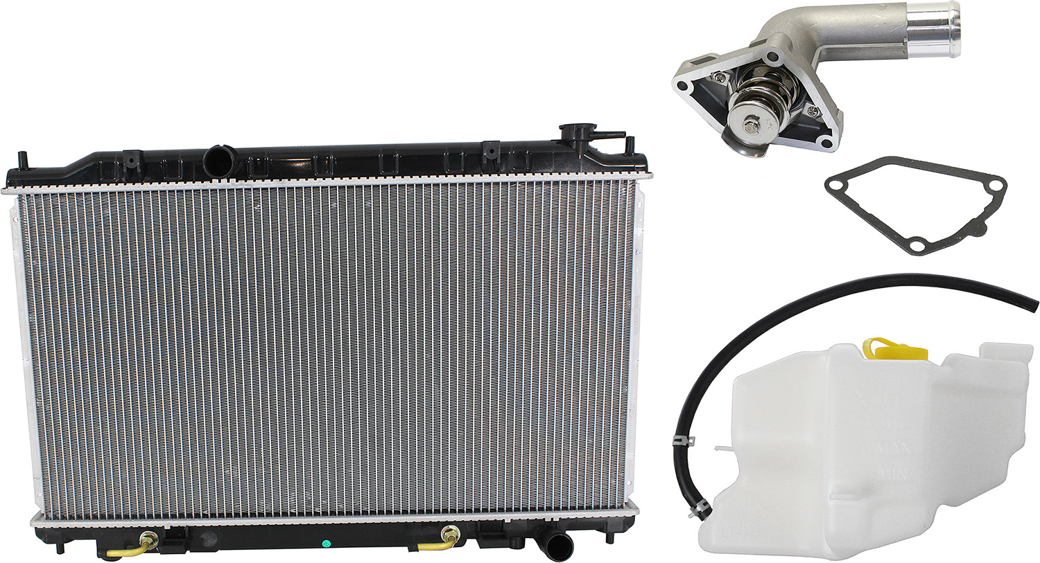 AM MAXIMA 07-08 RADIATOR 3 pc kit 6 Cyl 3.5L w Thermostat and Coolant Reservoir SKU KIT 052623-64 Partslink NI3010213 NI3014105 OEM 21460ZK30A 217108J000-217105Z0