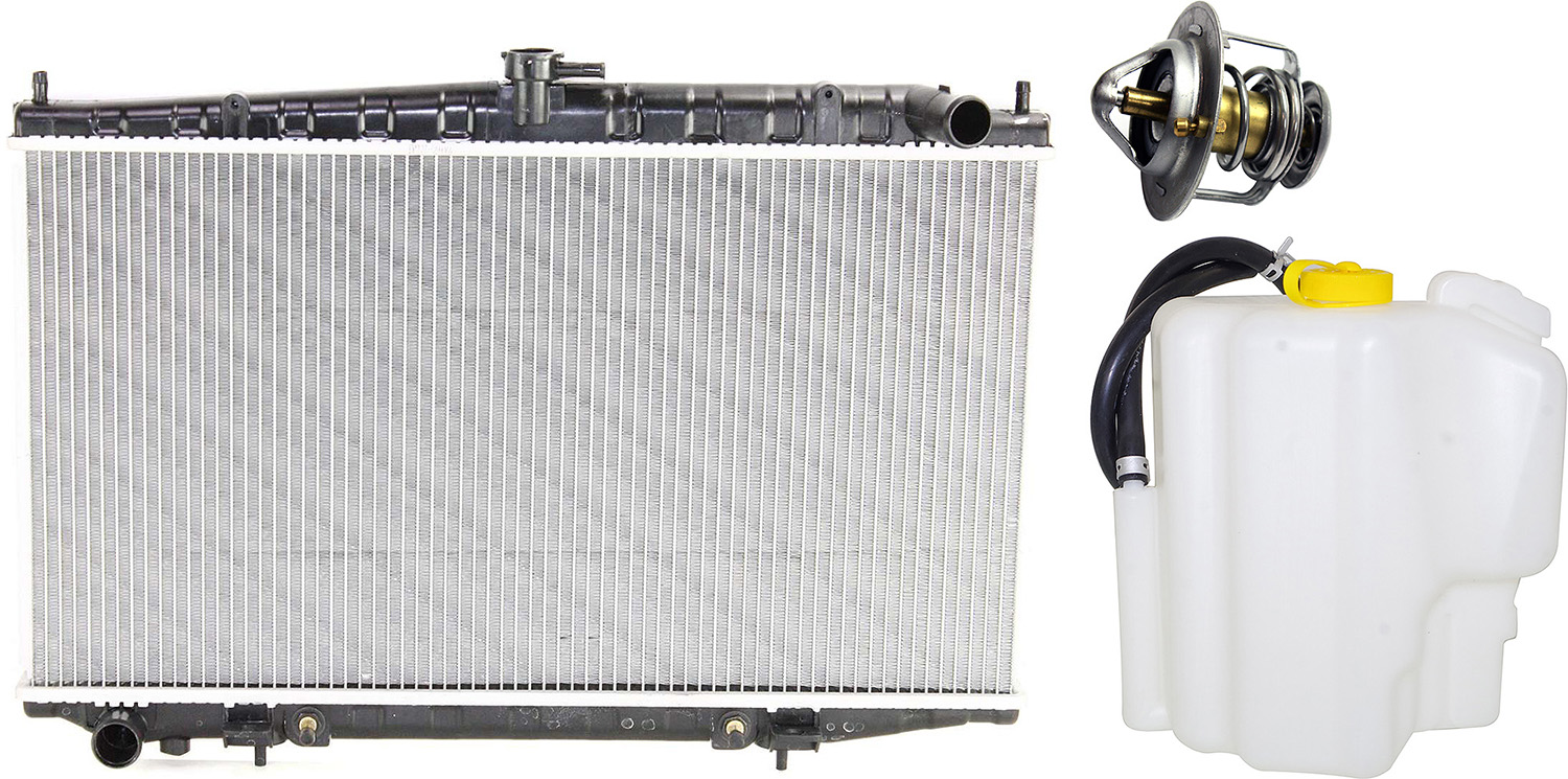AM ALTIMA 98-99 RADIATOR 3 pc kit 4 Cyl 2.4L w Thermostat and Coolant Reservoir SKU KIT 052623-66 Partslink NI3010102 NI3014108 SPL010456 OEM 214609E000-217102B000-212000C8