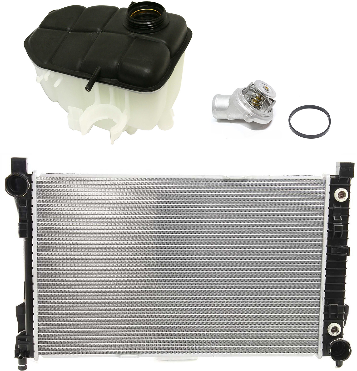 AM C240 C320-01-05 CLK320-03-05 RADIATOR 3 pc kit Aluminum Core 6-8 Cyl 2.6L 3.2L 3.5L 5.0L 5.5L Engine 1 Row Core w Coolant Reservoir Water Outlet SKU KIT 052623-73 OEM 2035000503-2035000049-11220302